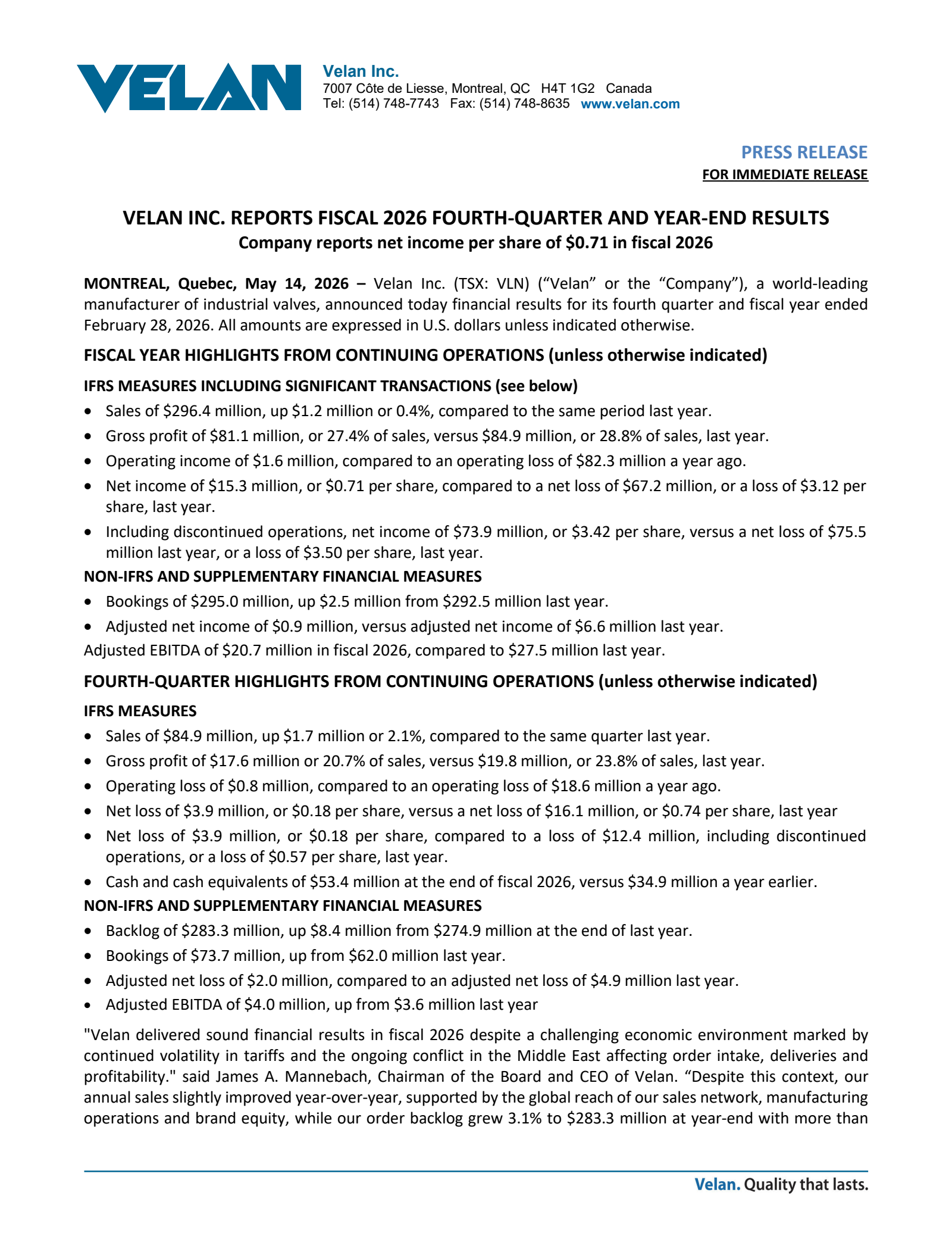 Velan's Q4 2026 Press Release
