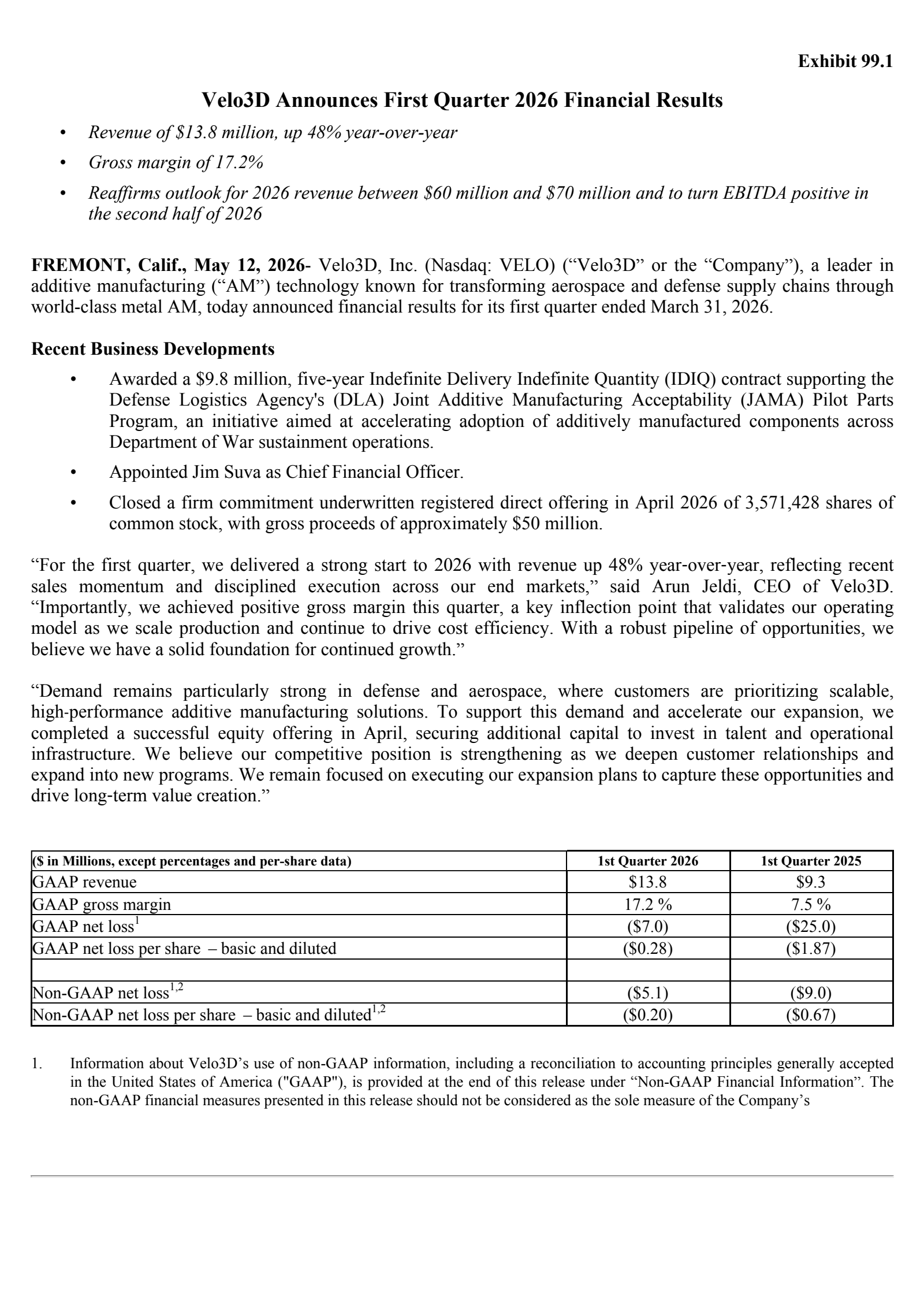 Velo3D's Q1 2026 Press Release