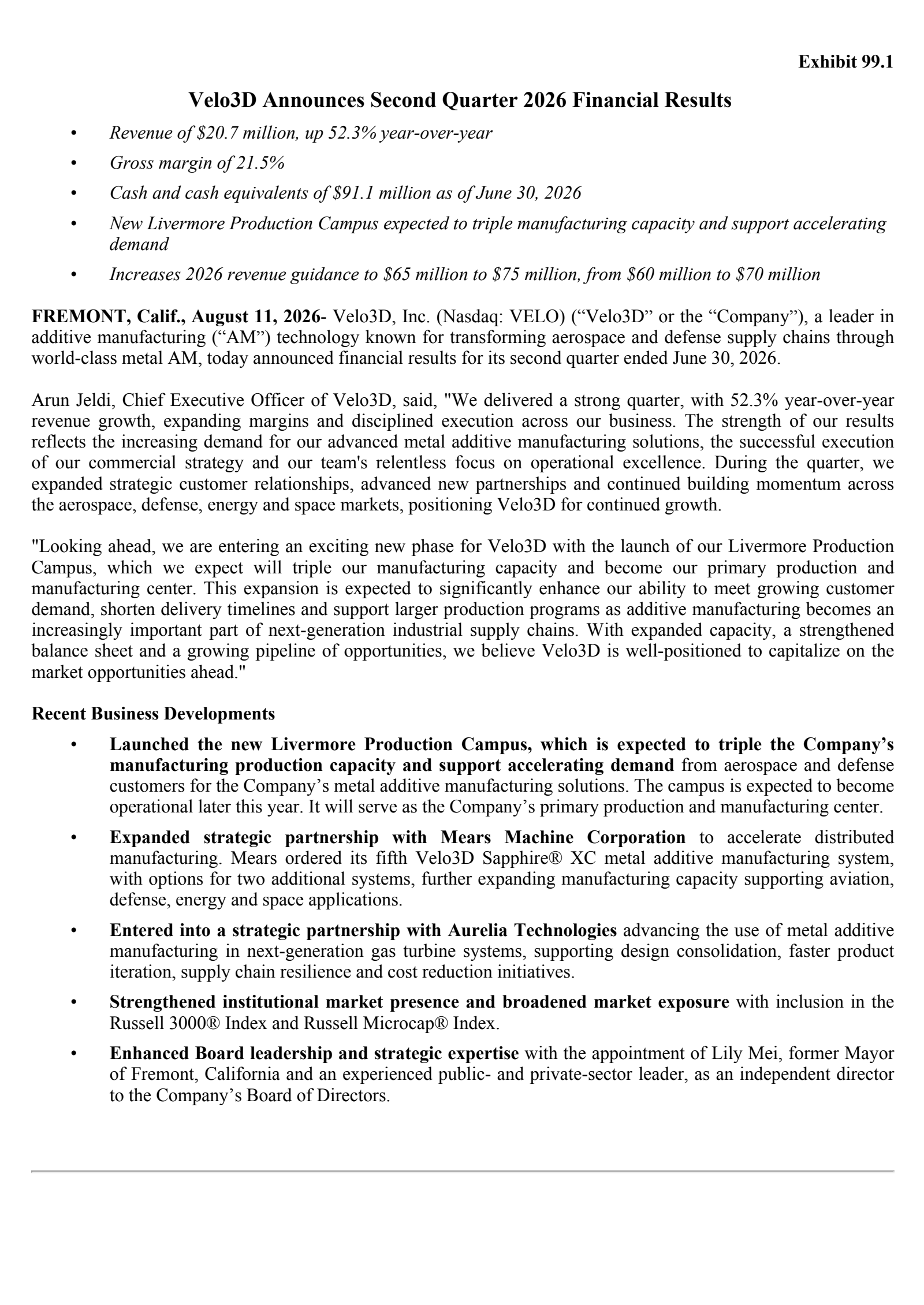 Velo3D's Q2 2026 Press Release