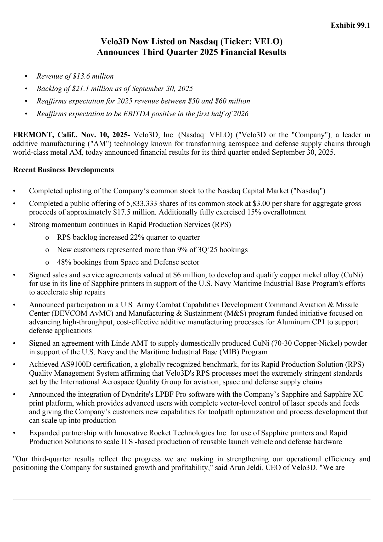 Velo3D's Q3 2025 Earnings Release