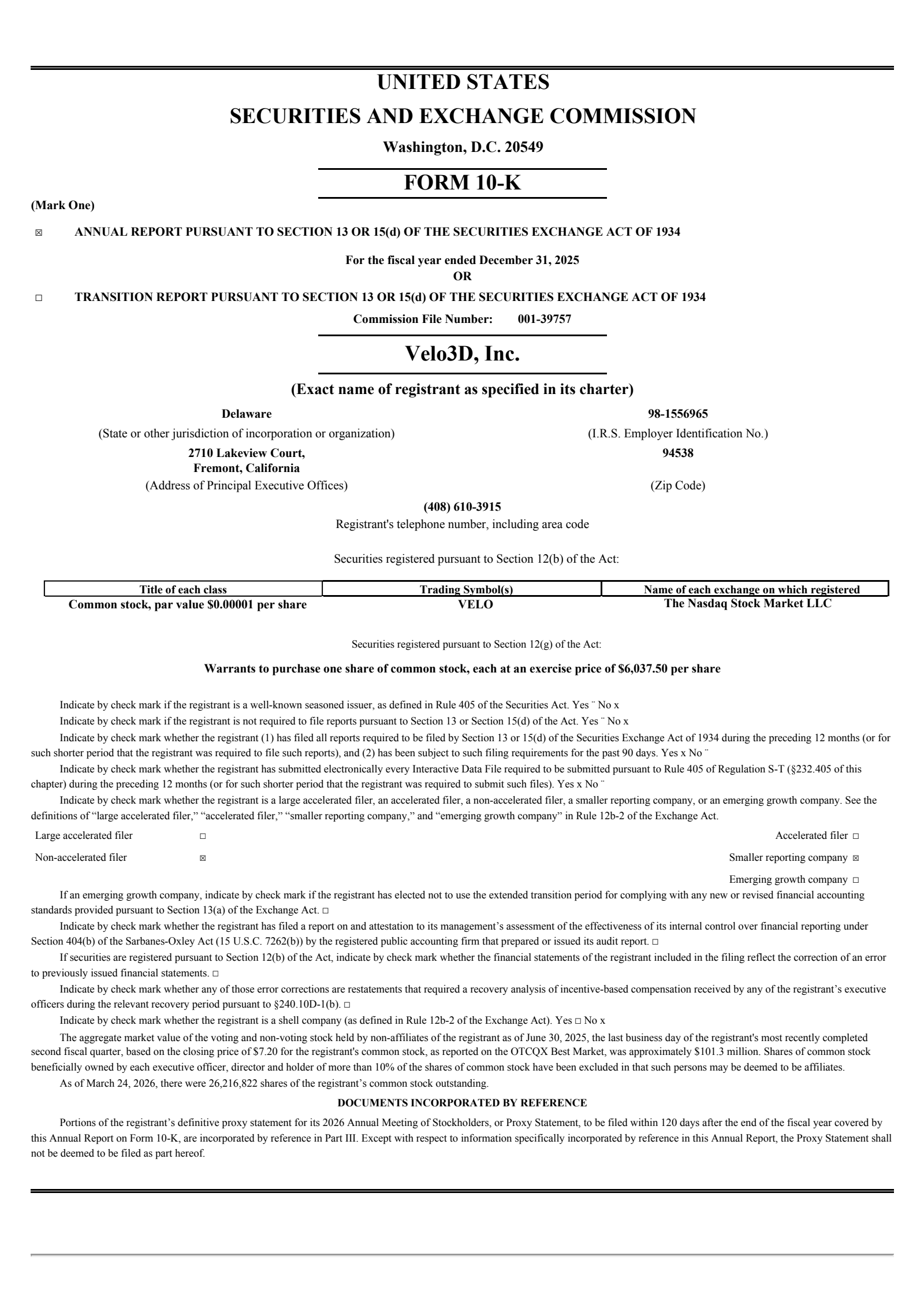 Velo3D's Q4 2025 Annual report