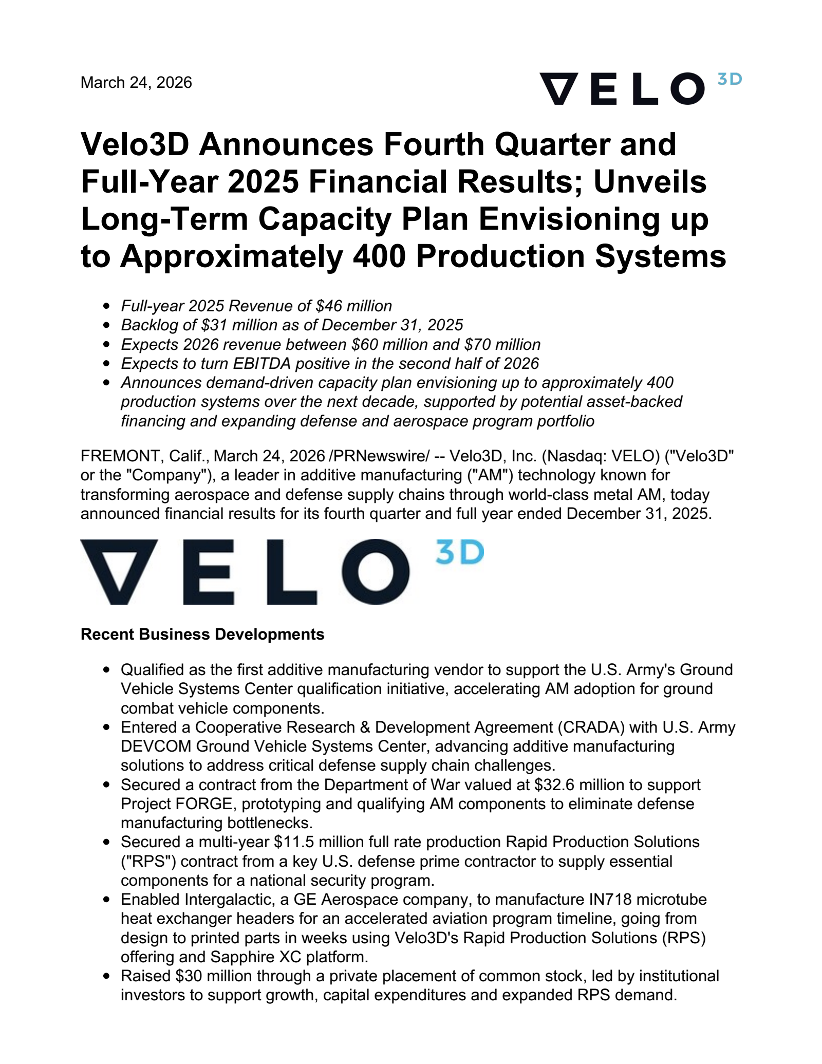 Velo3D's Q4 2025 Press Release