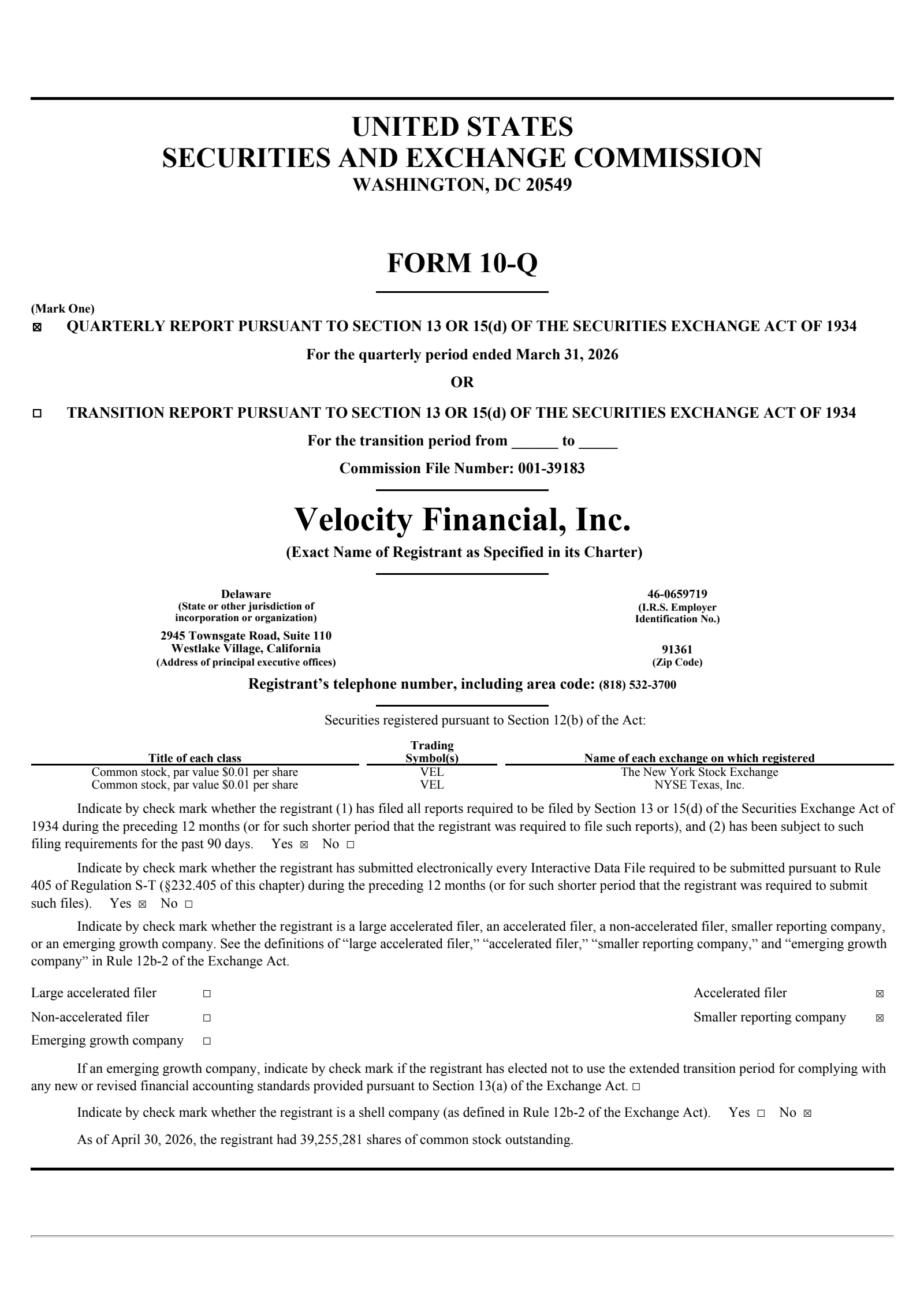 Velocity Financial's Q1 2026 Quarterly report