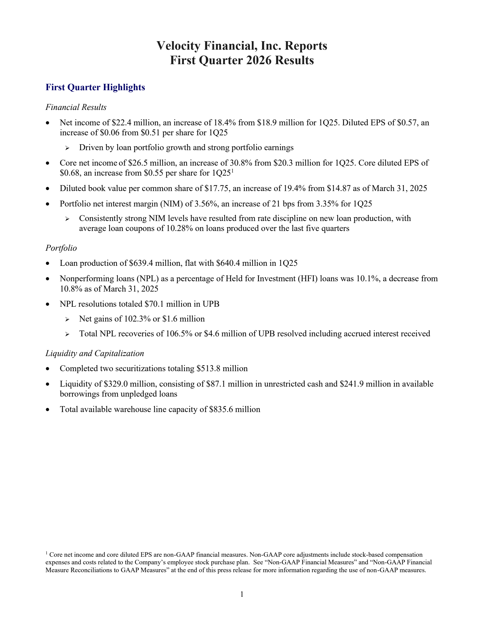 Velocity Financial's Q1 2026 Press Release