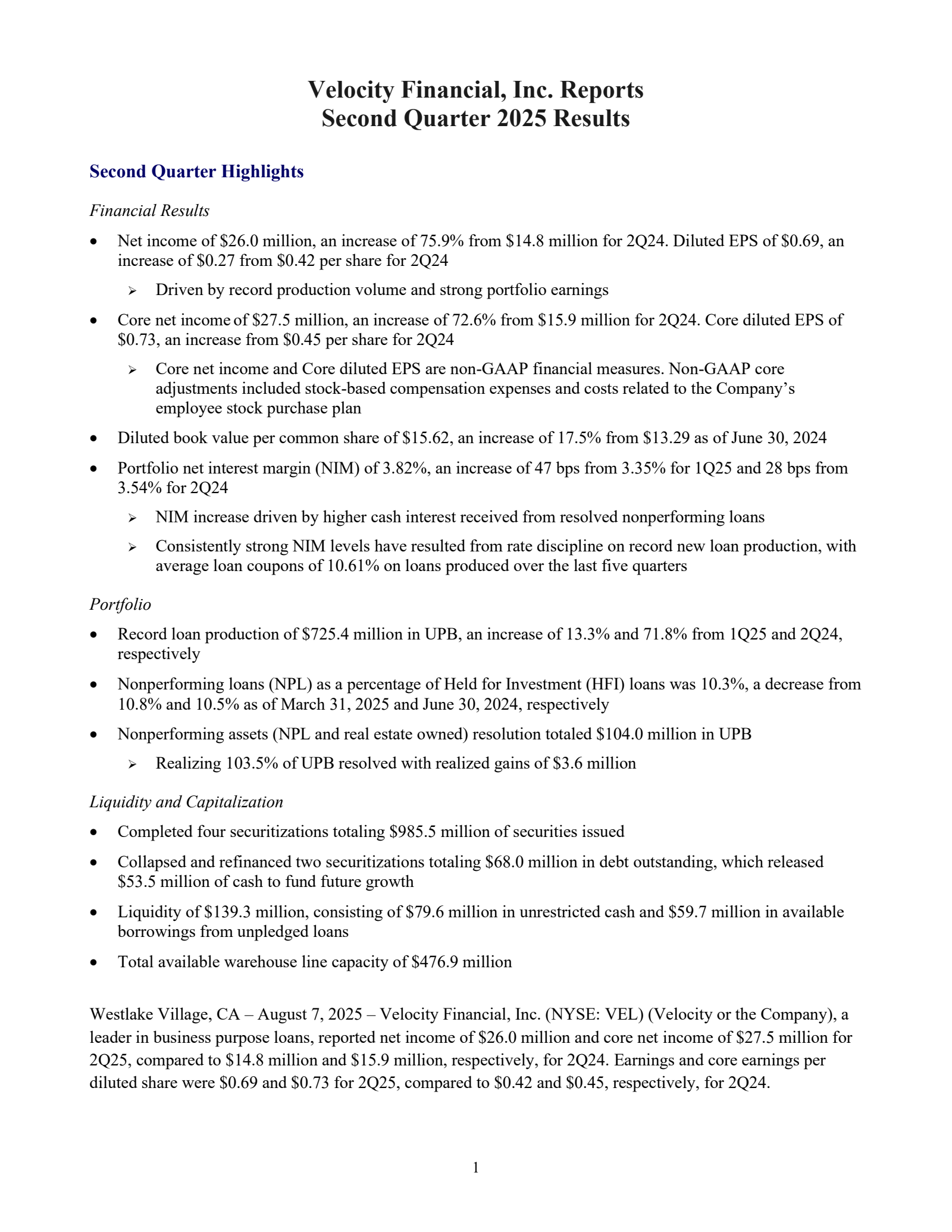 Velocity Financial's Q2 2025 Press Release