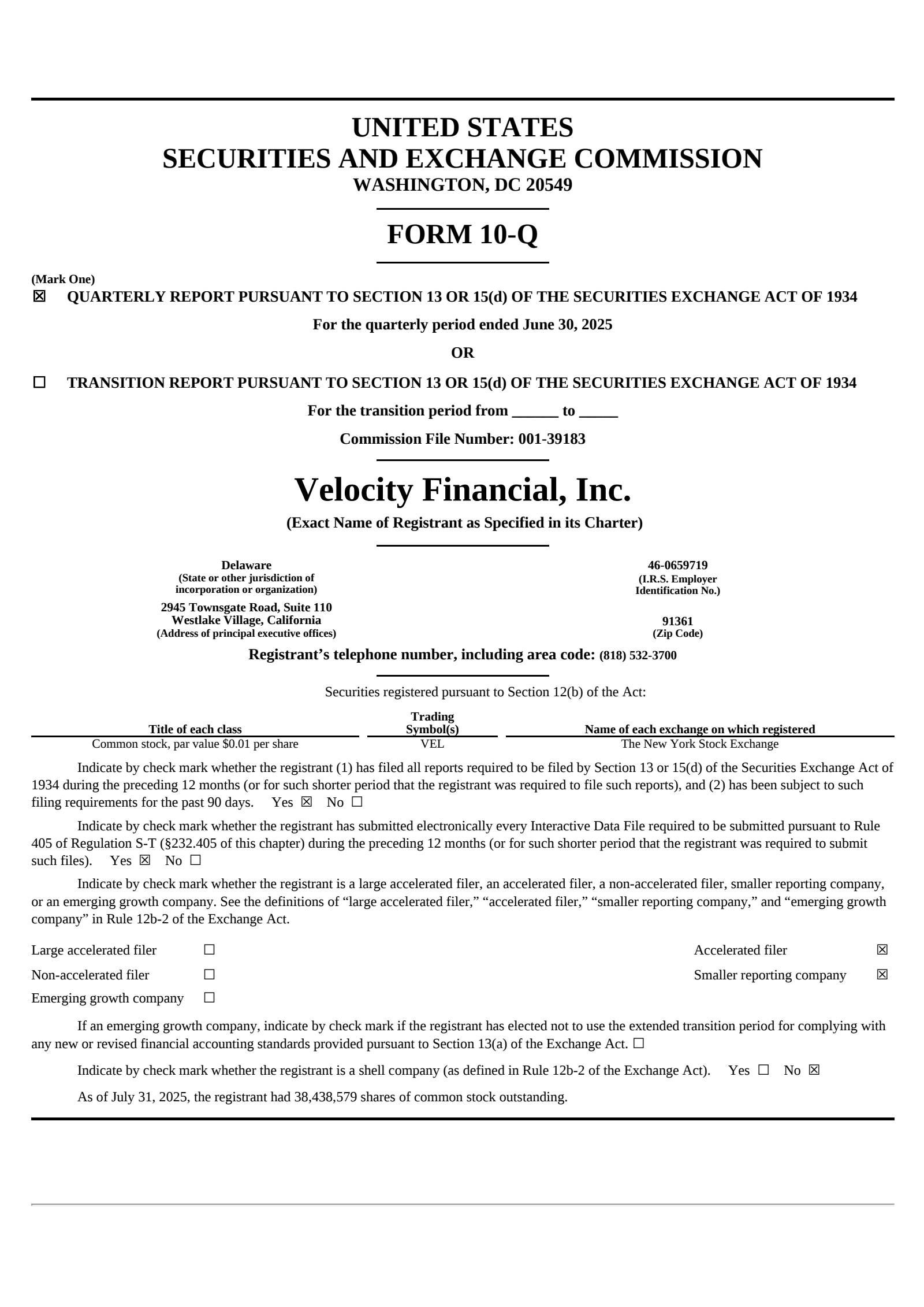 Velocity Financial's Q2 2025 Quarterly report
