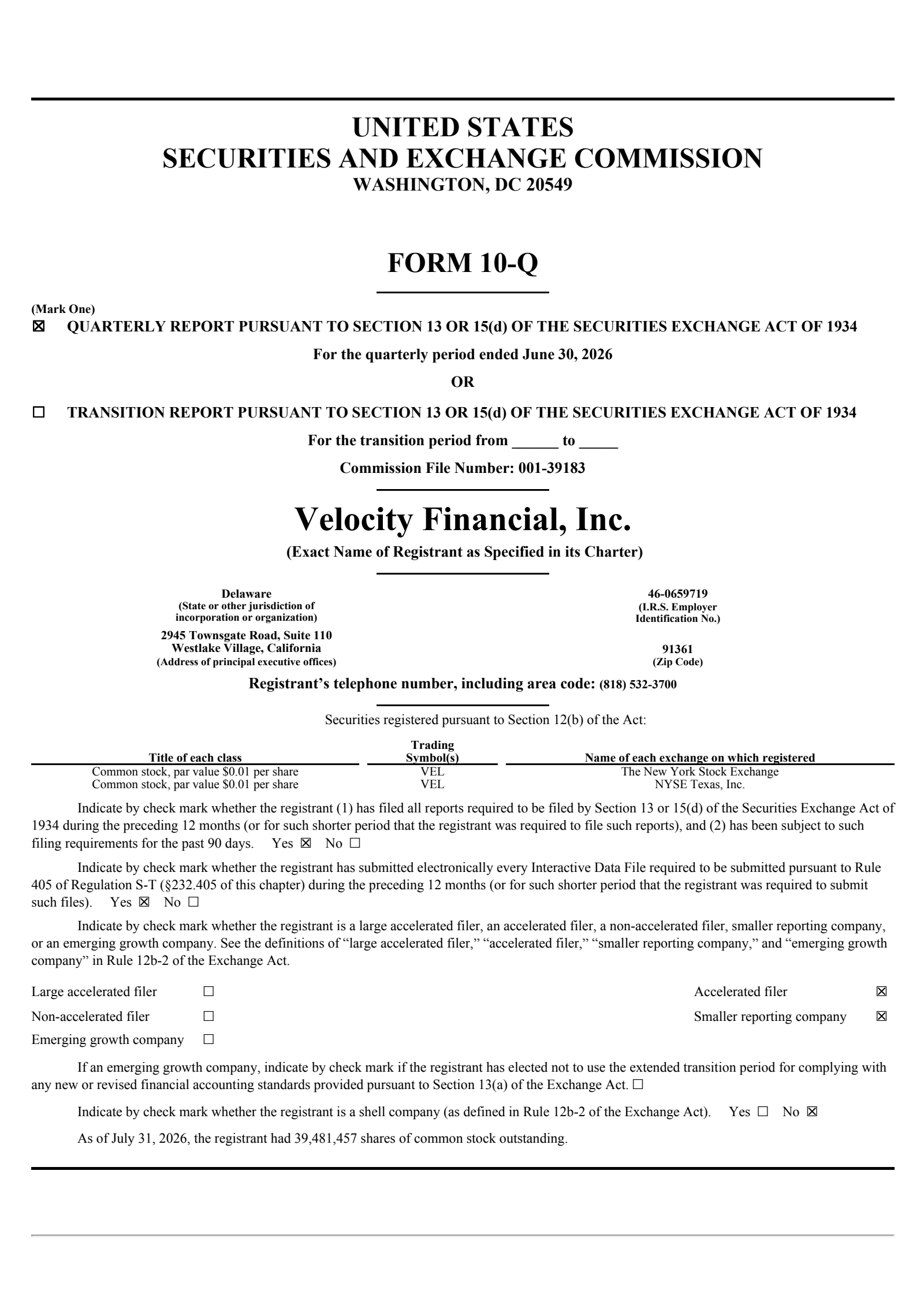 Velocity Financial's Q2 2026 Quarterly report