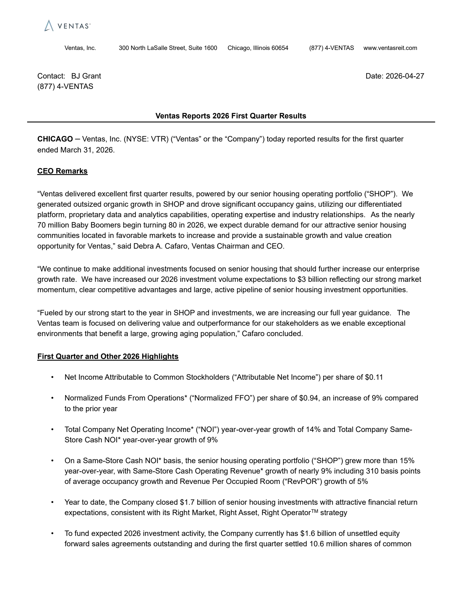 Ventas' Q1 2026 Press Release