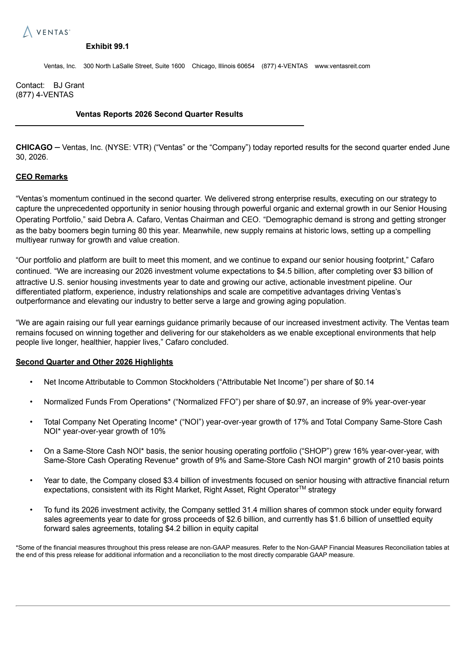 Ventas' Q2 2026 Press Release