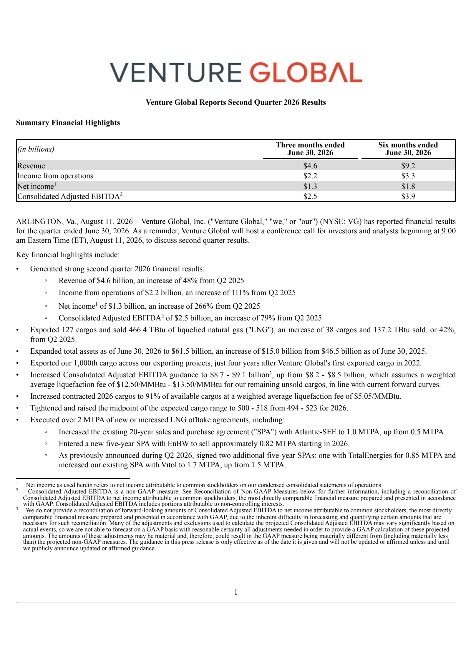Venture Global's Q2 2026 Press Release