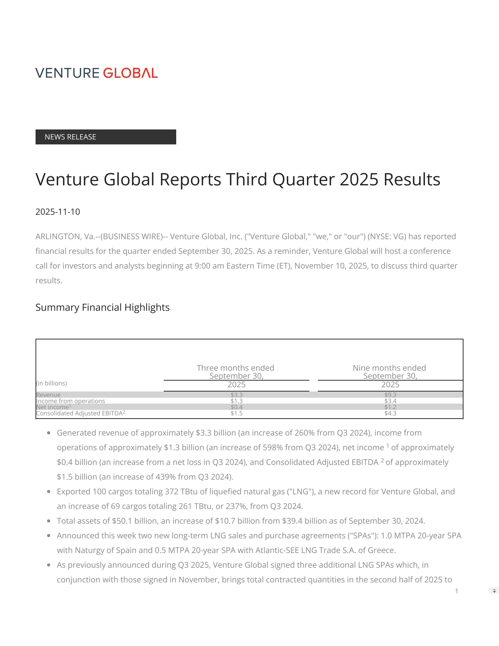 Venture Global's Q3 2025 Earnings Release