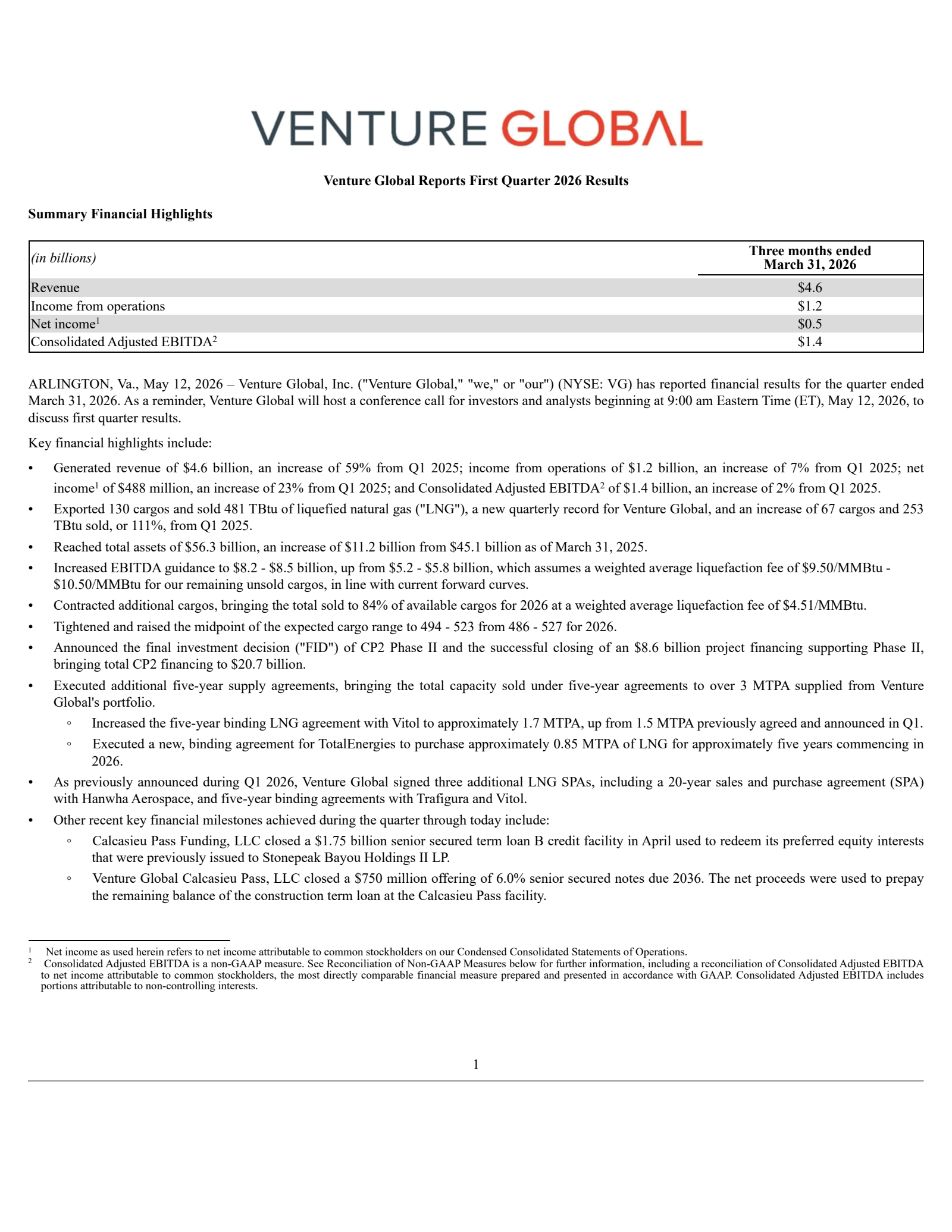 Venture Global's Q1 2026 Press Release