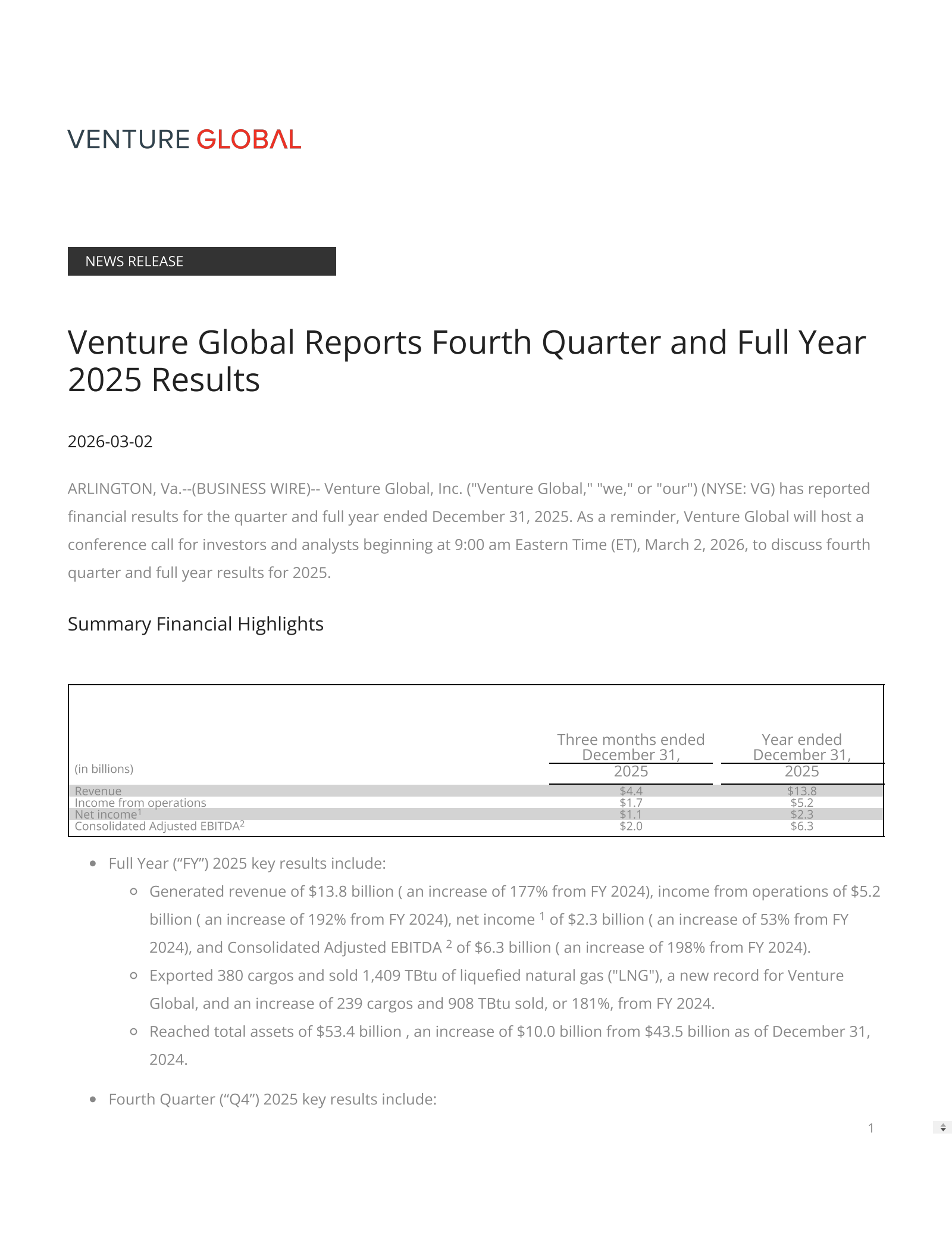Venture Global's Q4 2025 Press Release