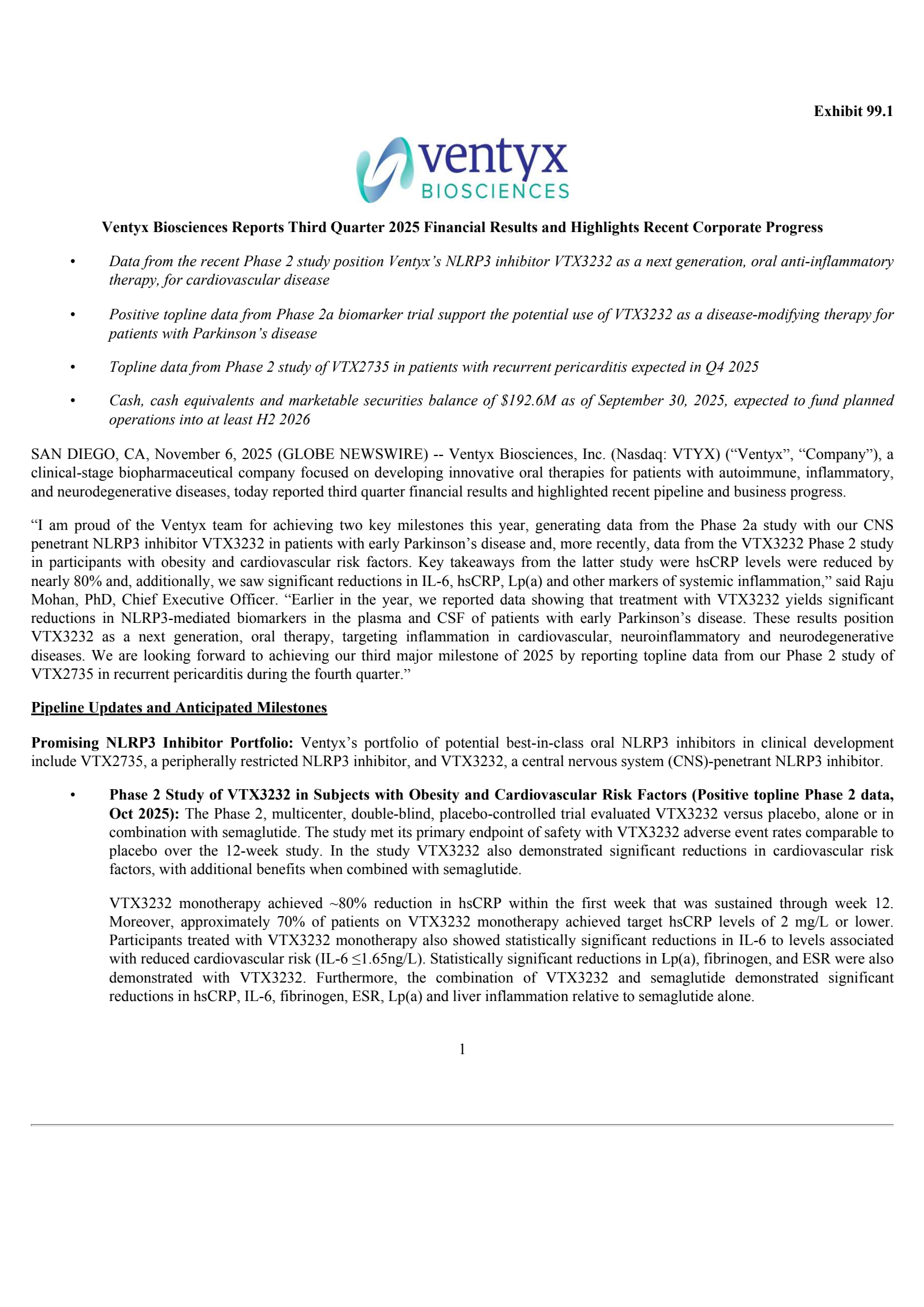 Ventyx Biosciences' Q3 2025 Earnings Release