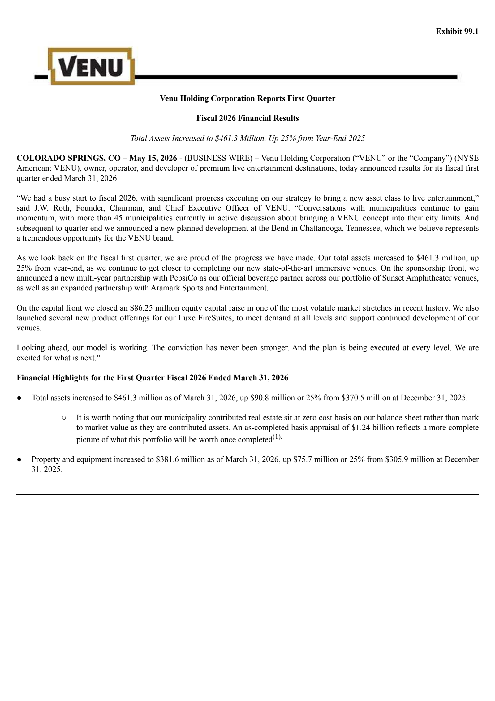 Venu's Q1 2026 Press Release