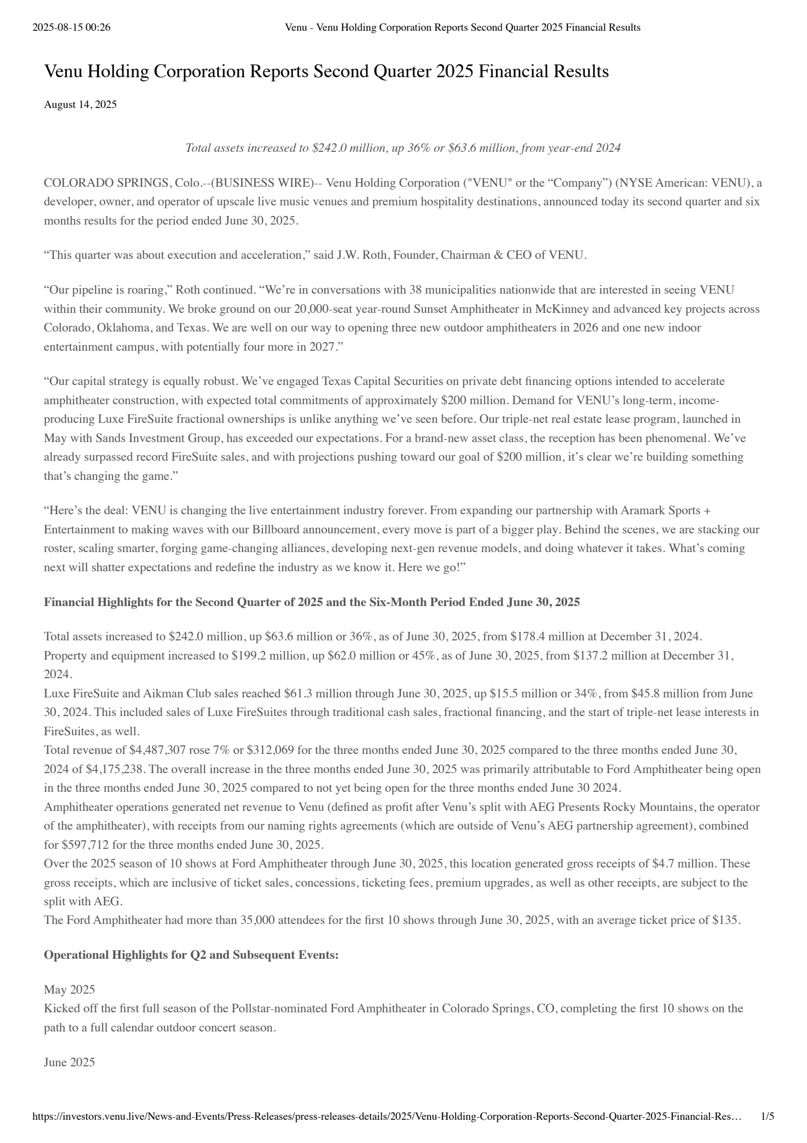 Venu's Q2 2025 Press Release