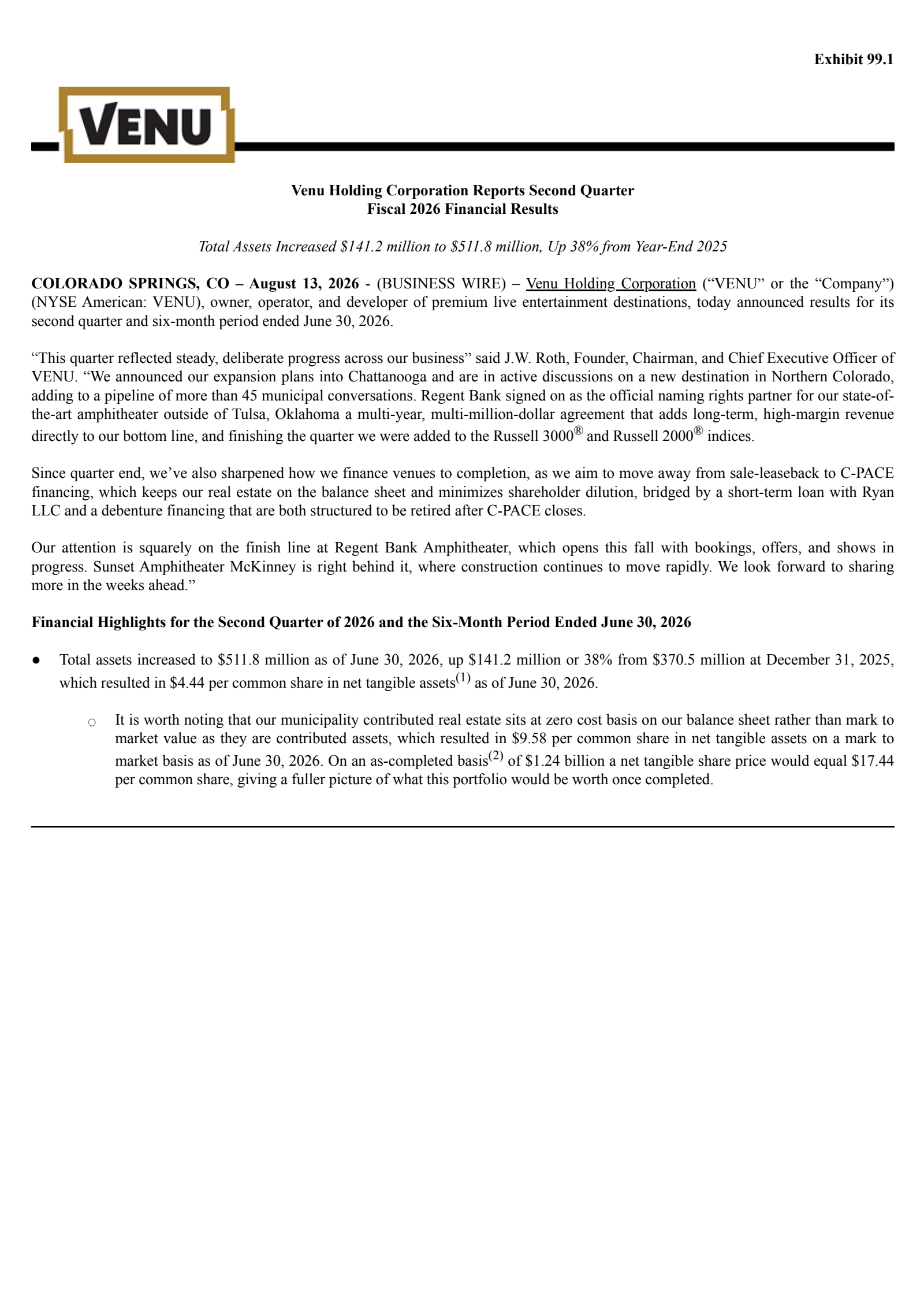 Venu's Q2 2026 Press Release
