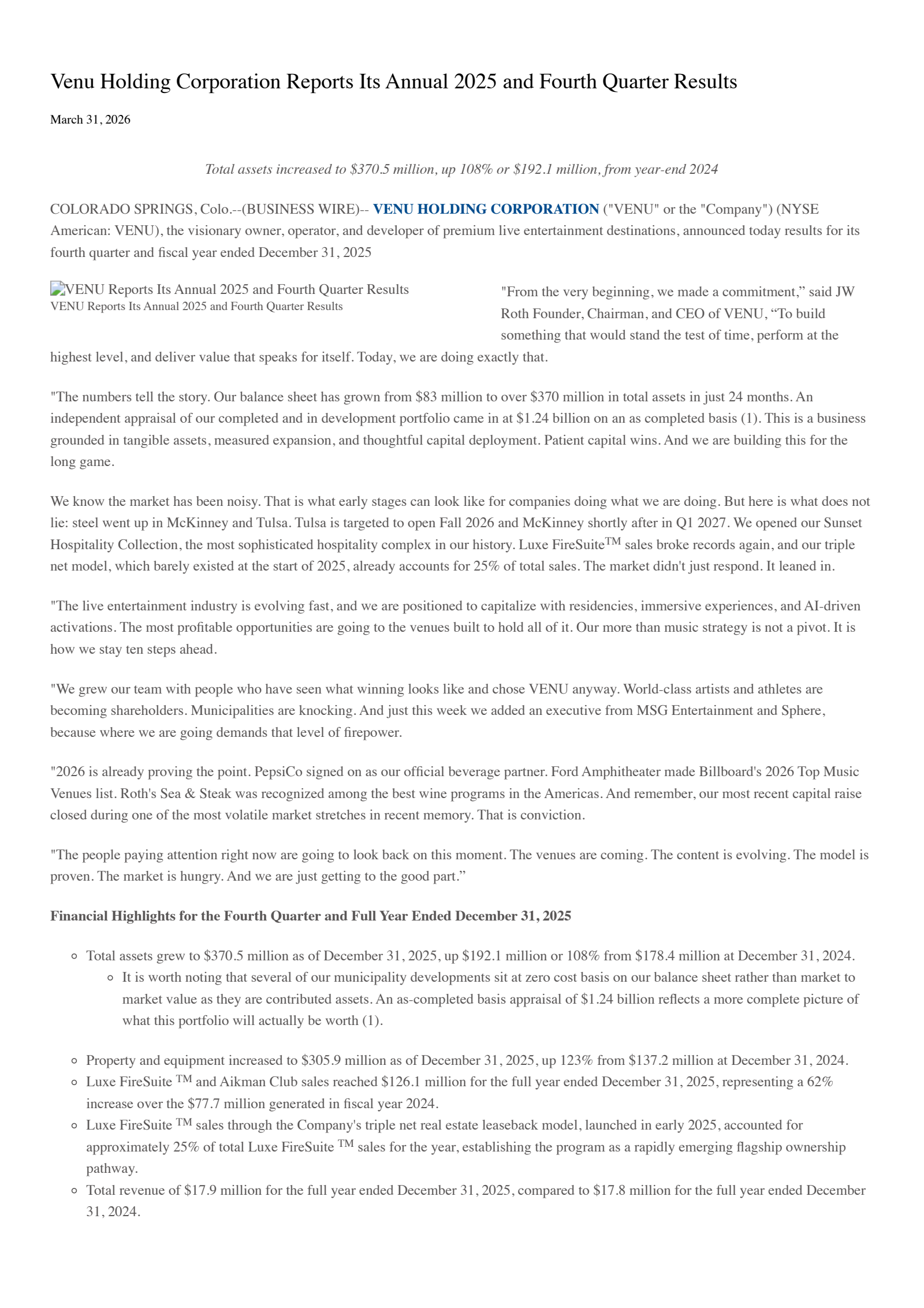 Venu's Q4 2025 Press Release