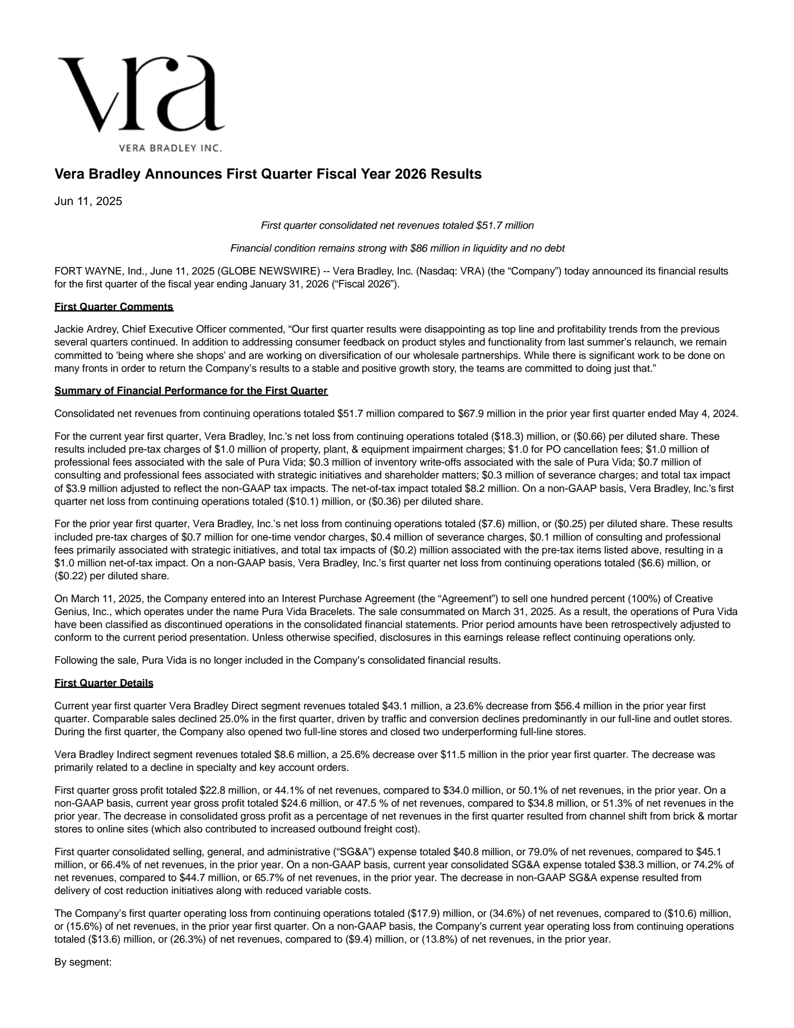 Vera Bradley's Q1 2026 Press Release