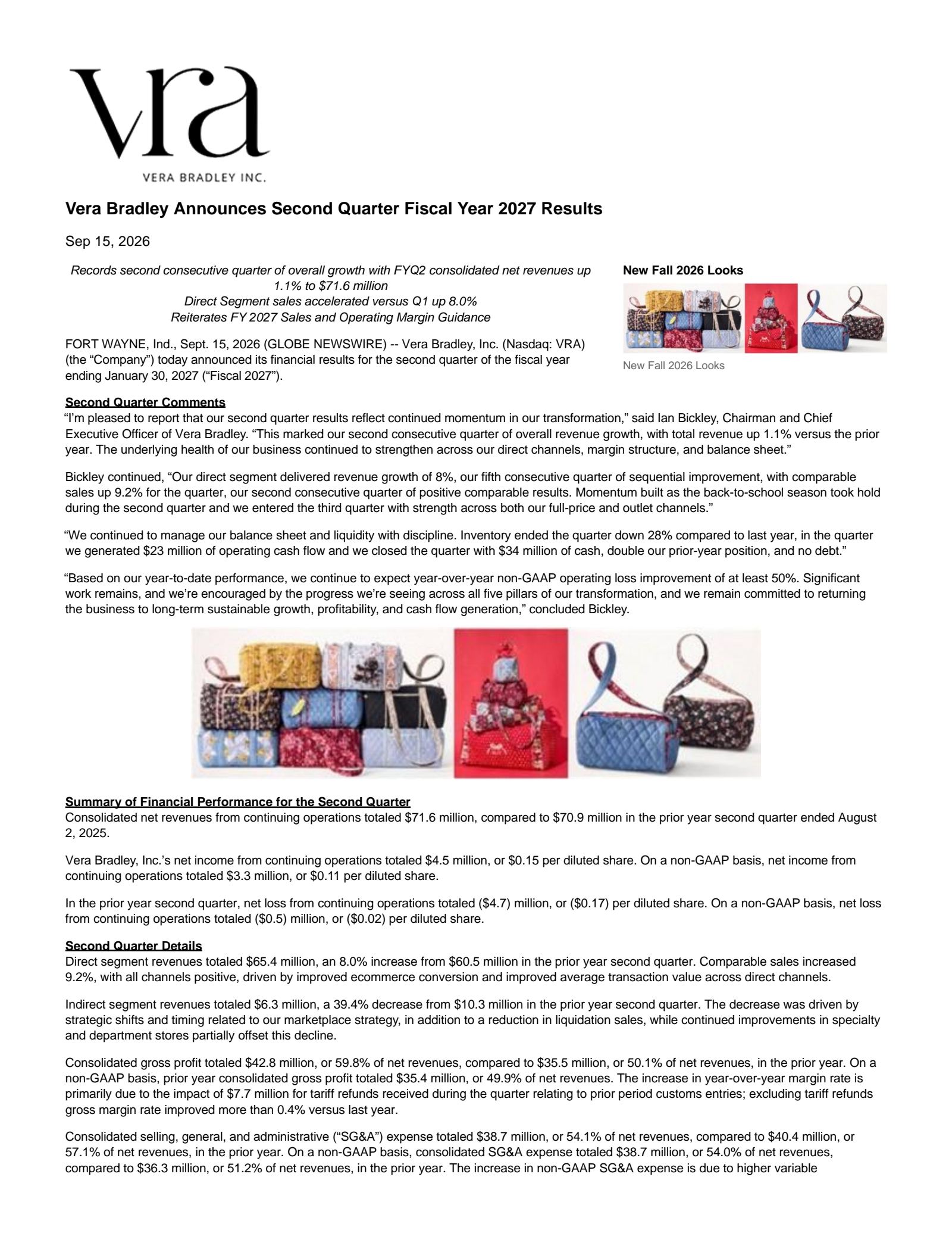 Vera Bradley's Q2 2027 Press Release