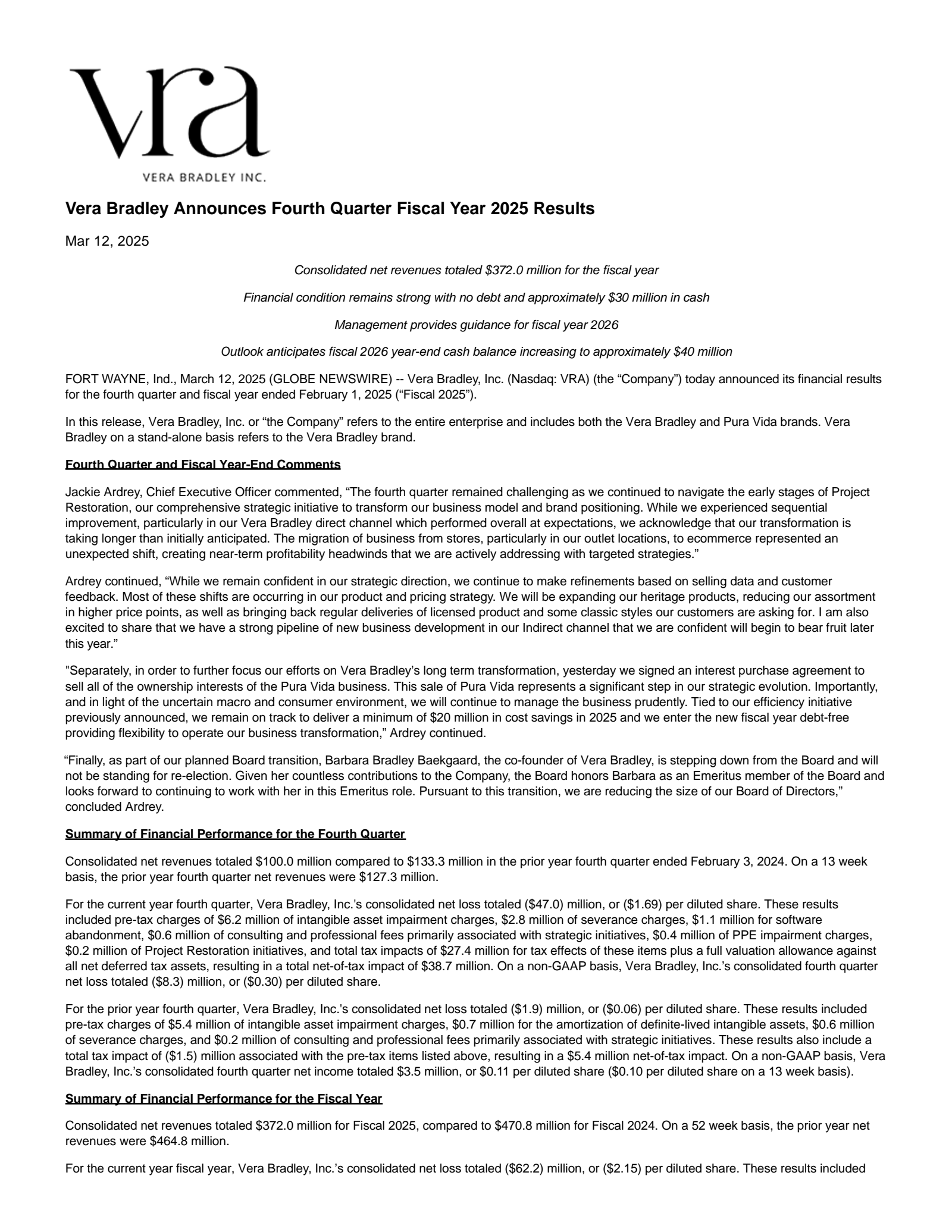 Vera Bradley's Q4 2025 Press Release