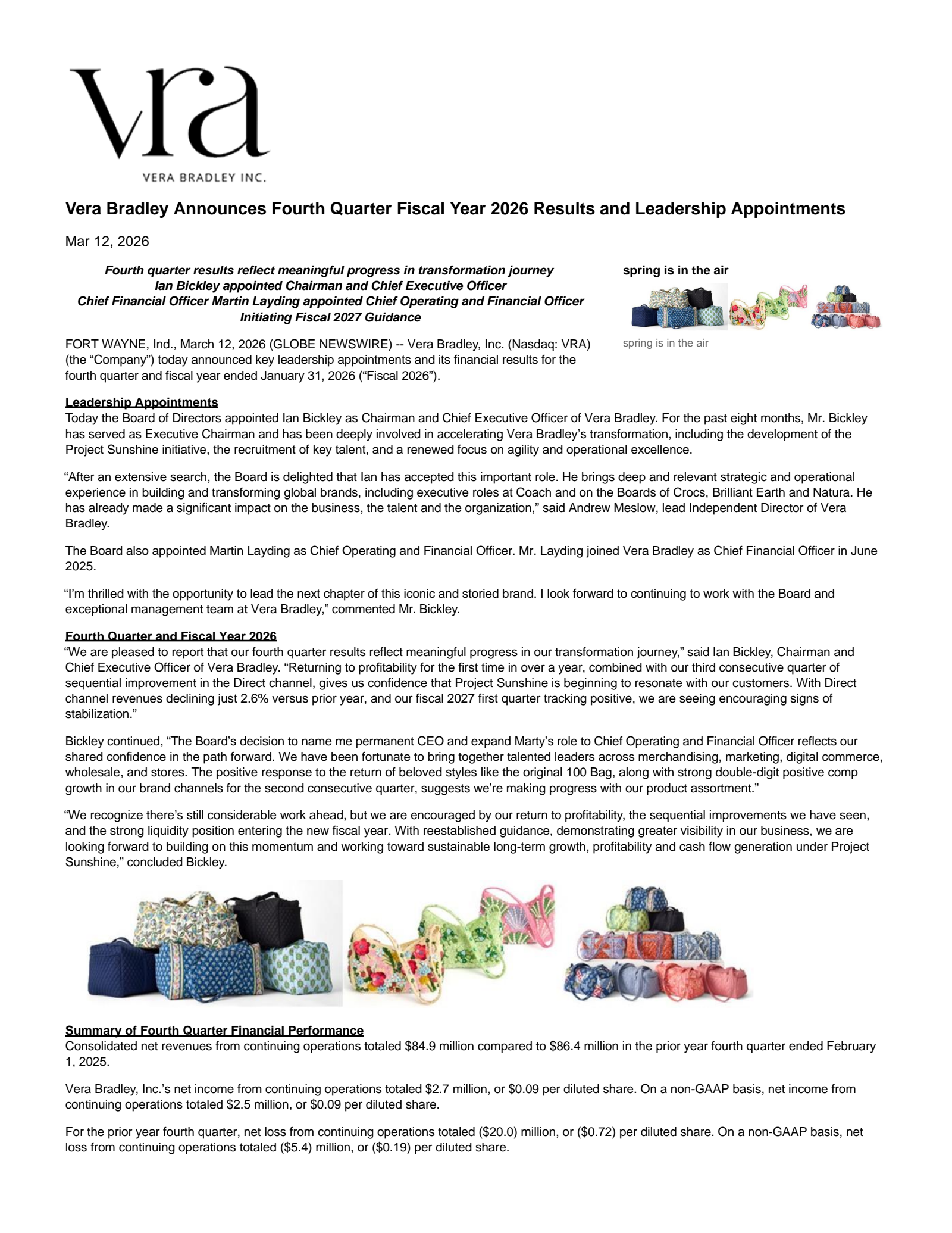Vera Bradley's Q4 2026 Press Release