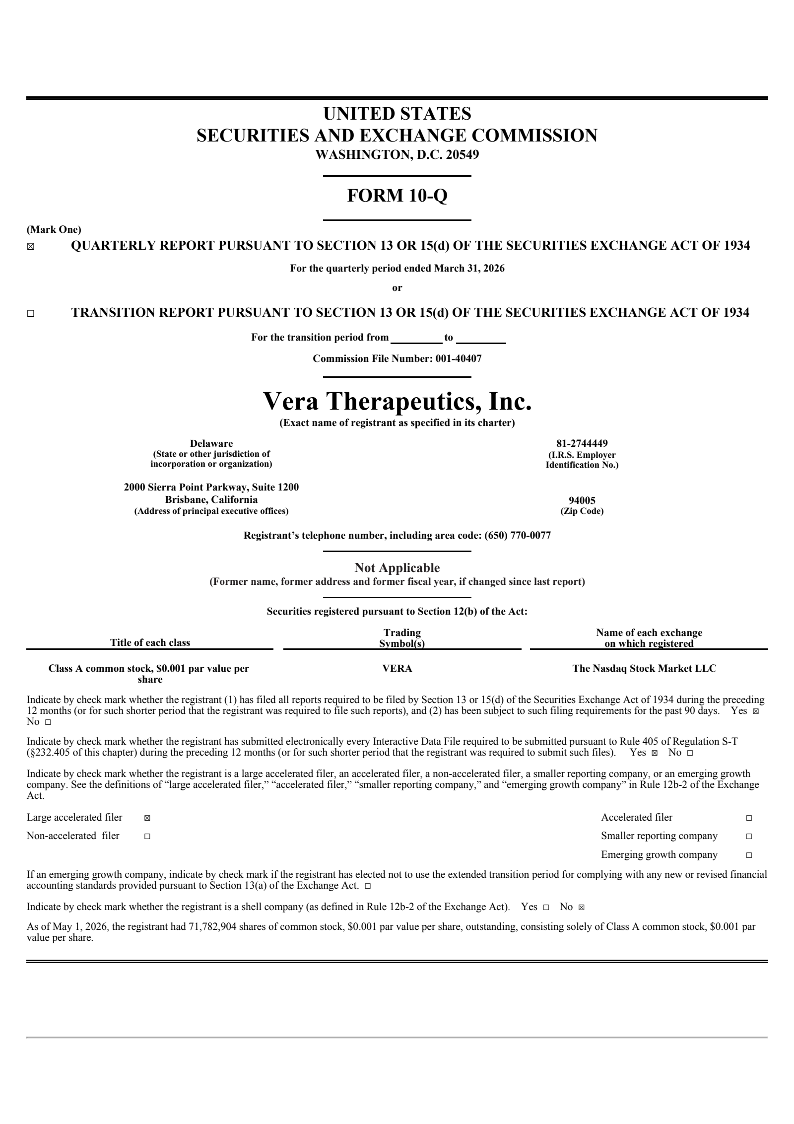 Vera Therapeutics' Q1 2026 Quarterly report