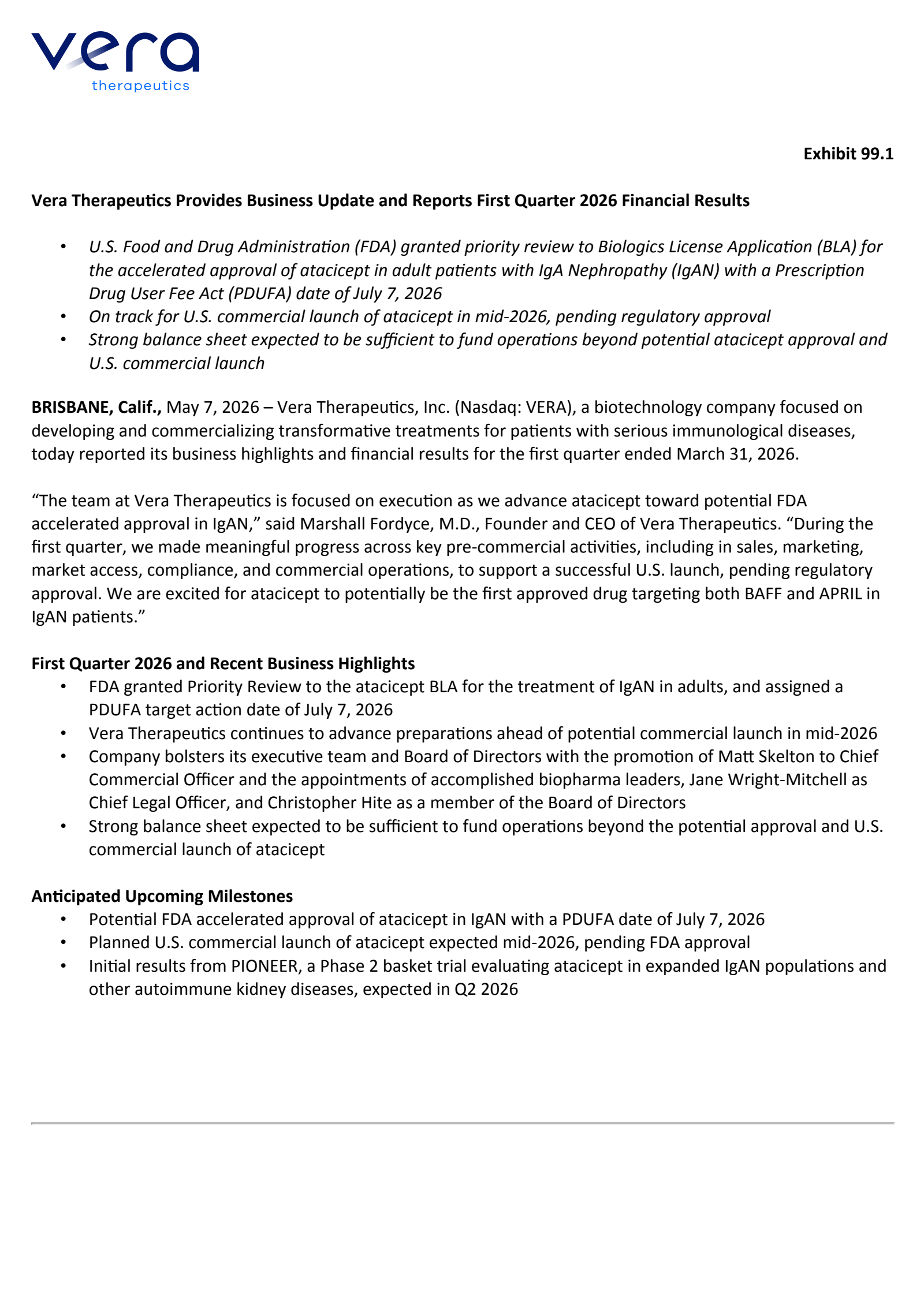 Vera Therapeutics' Q1 2026 Press Release