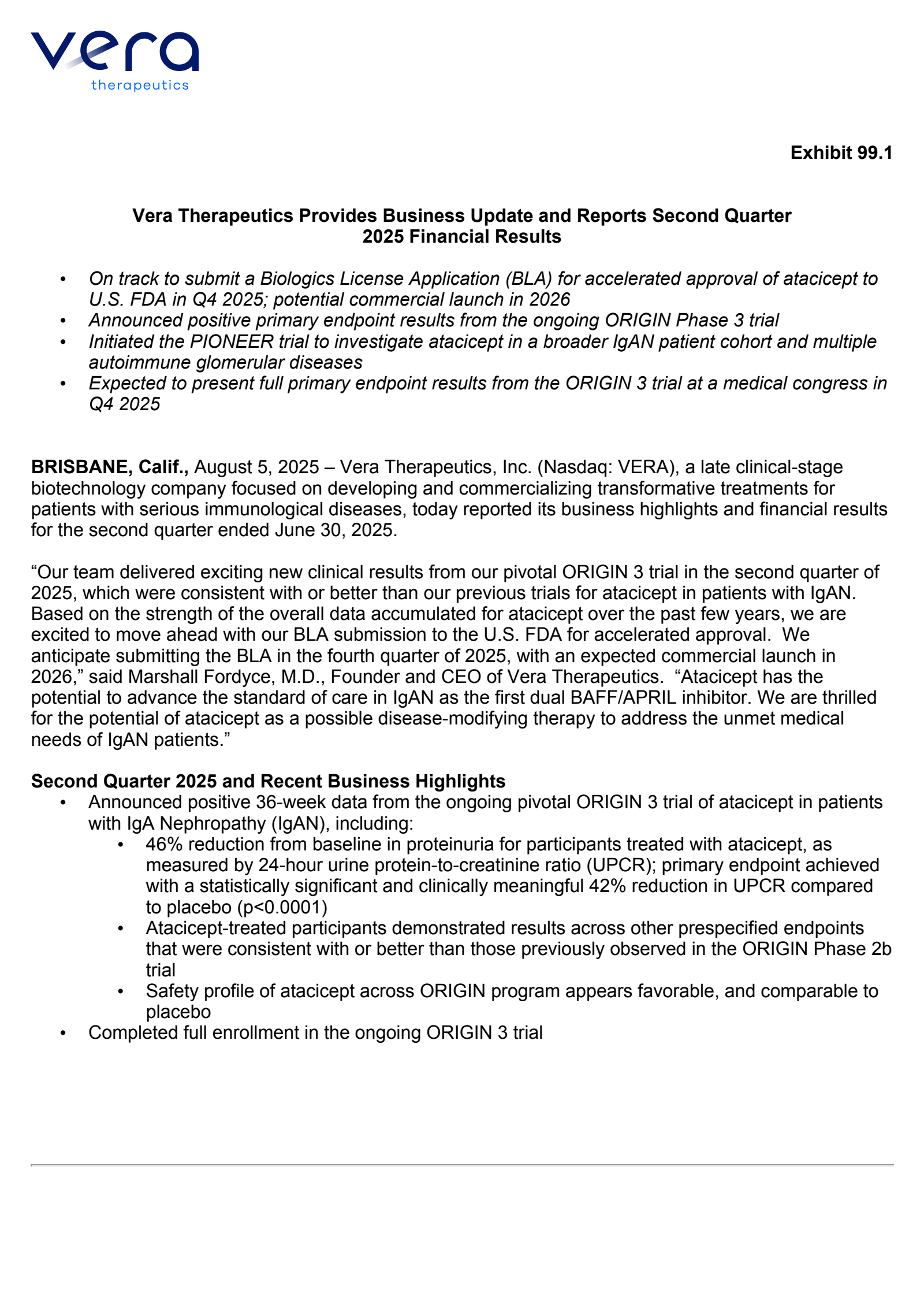 Vera Therapeutics' Q2 2025 Press Release