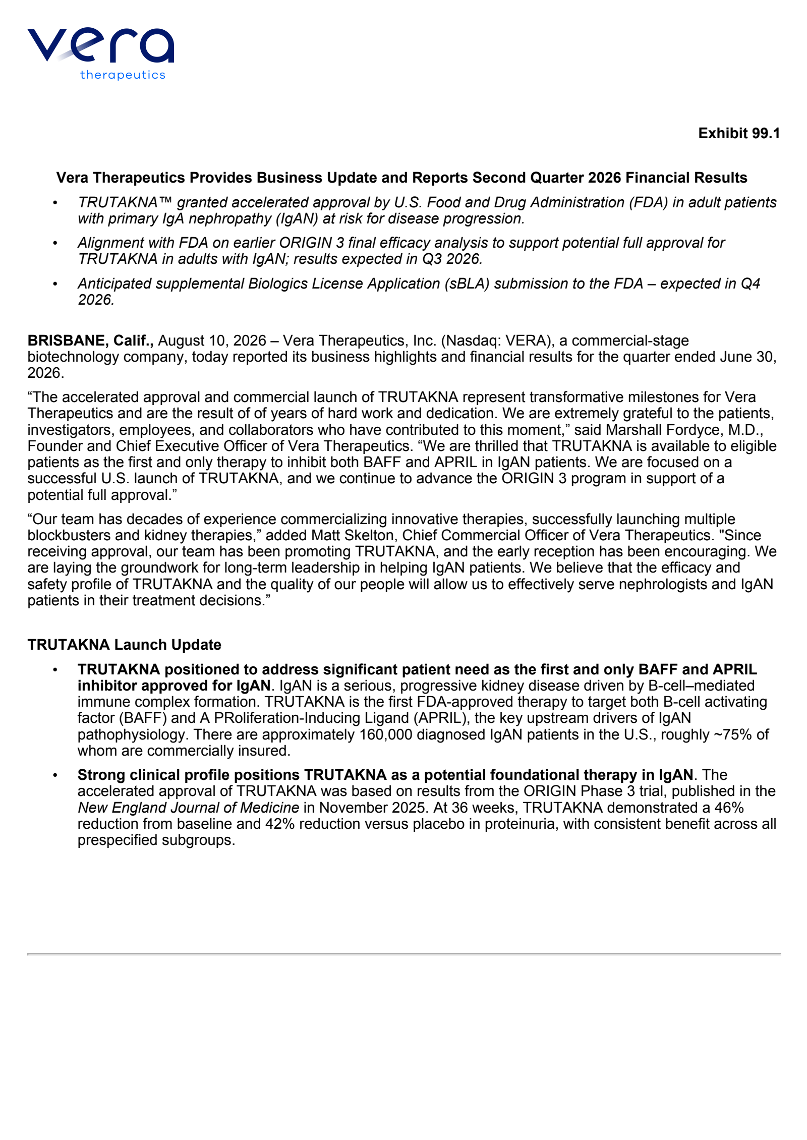 Vera Therapeutics' Q2 2026 Press Release