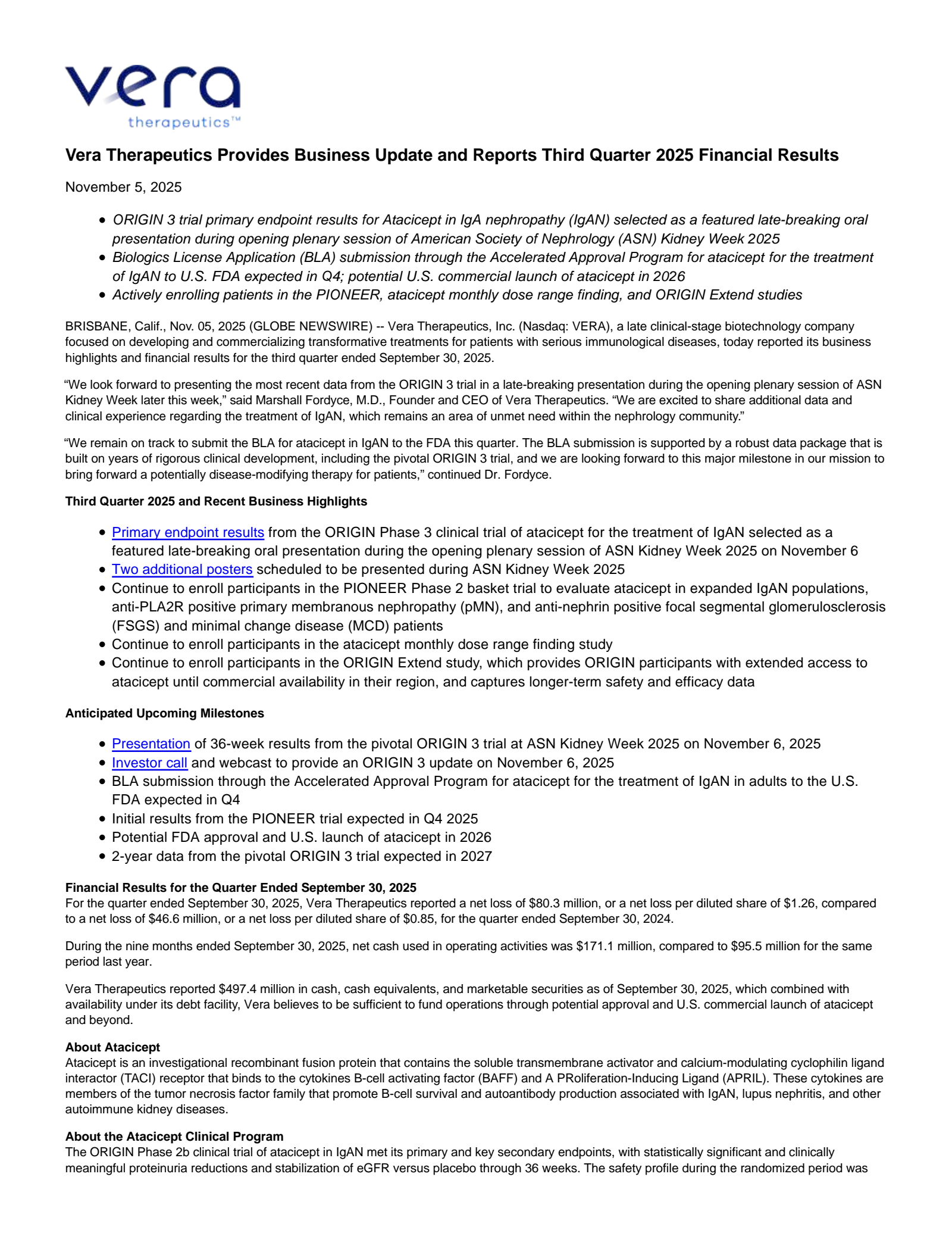 Vera Therapeutics' Q3 2025 Earnings Release
