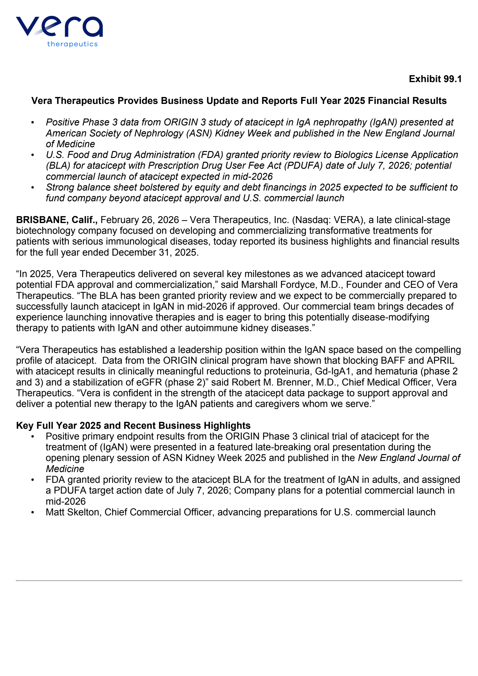 Vera Therapeutics' Q4 2025 Press Release