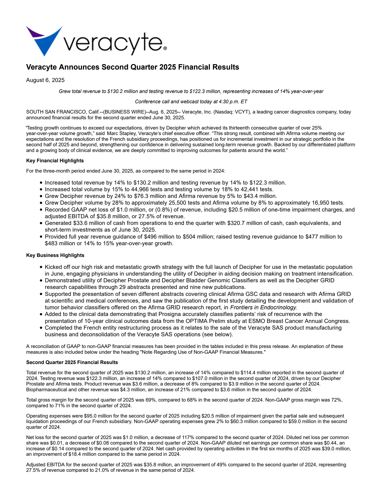 Veracyte's Q2 2025 Press Release