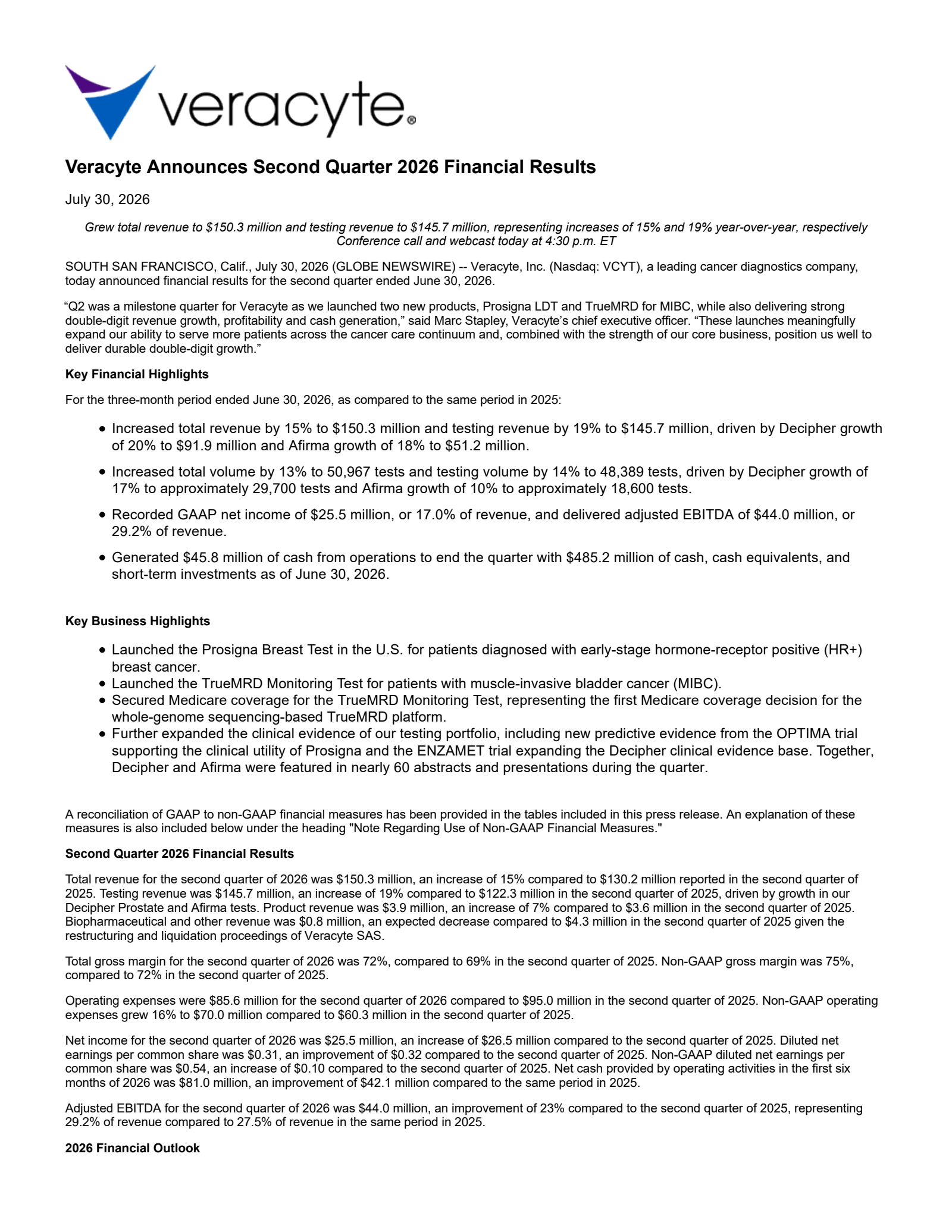 Veracyte's Q2 2026 Press Release