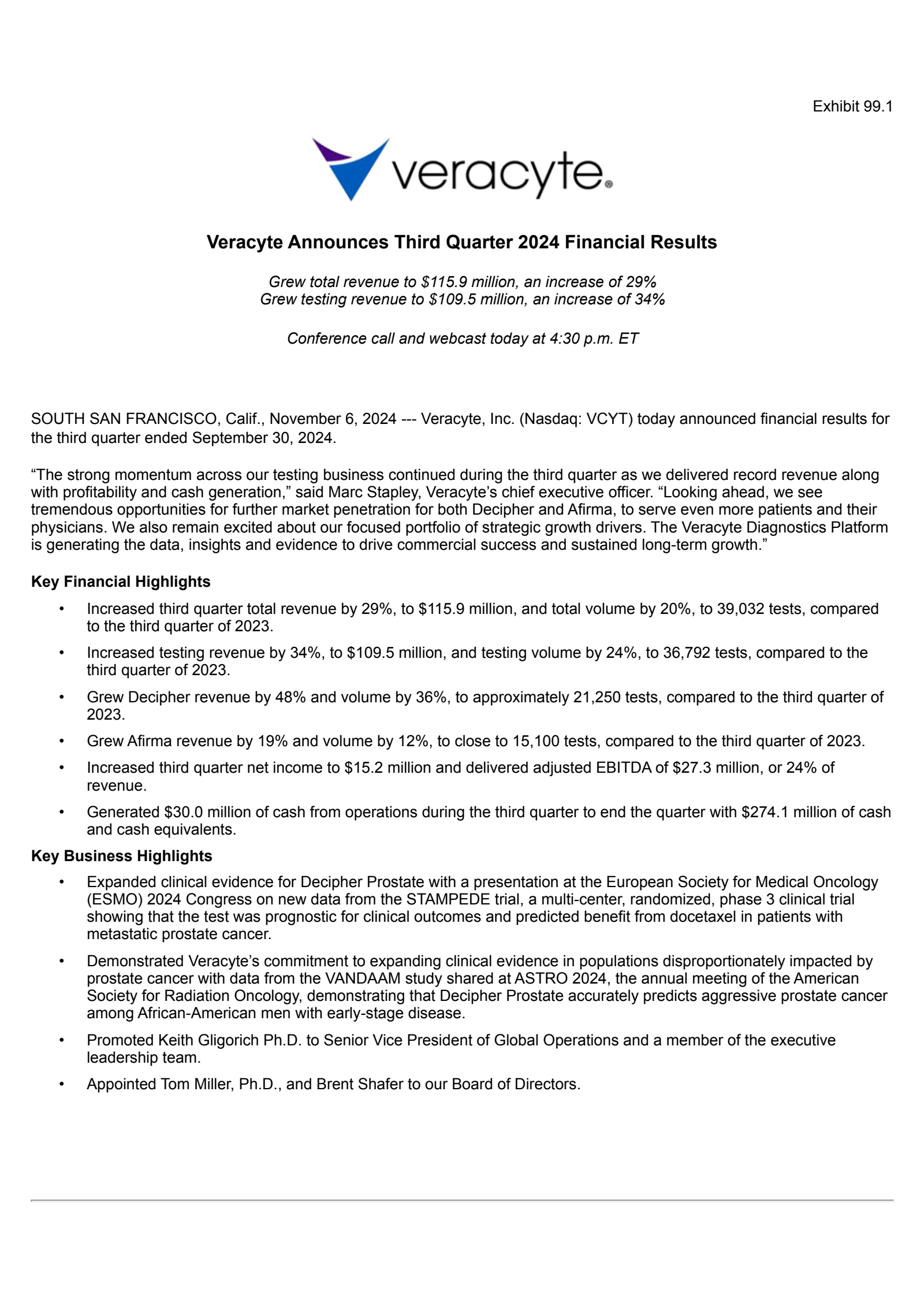 Veracyte's Q3 2024 Press Release