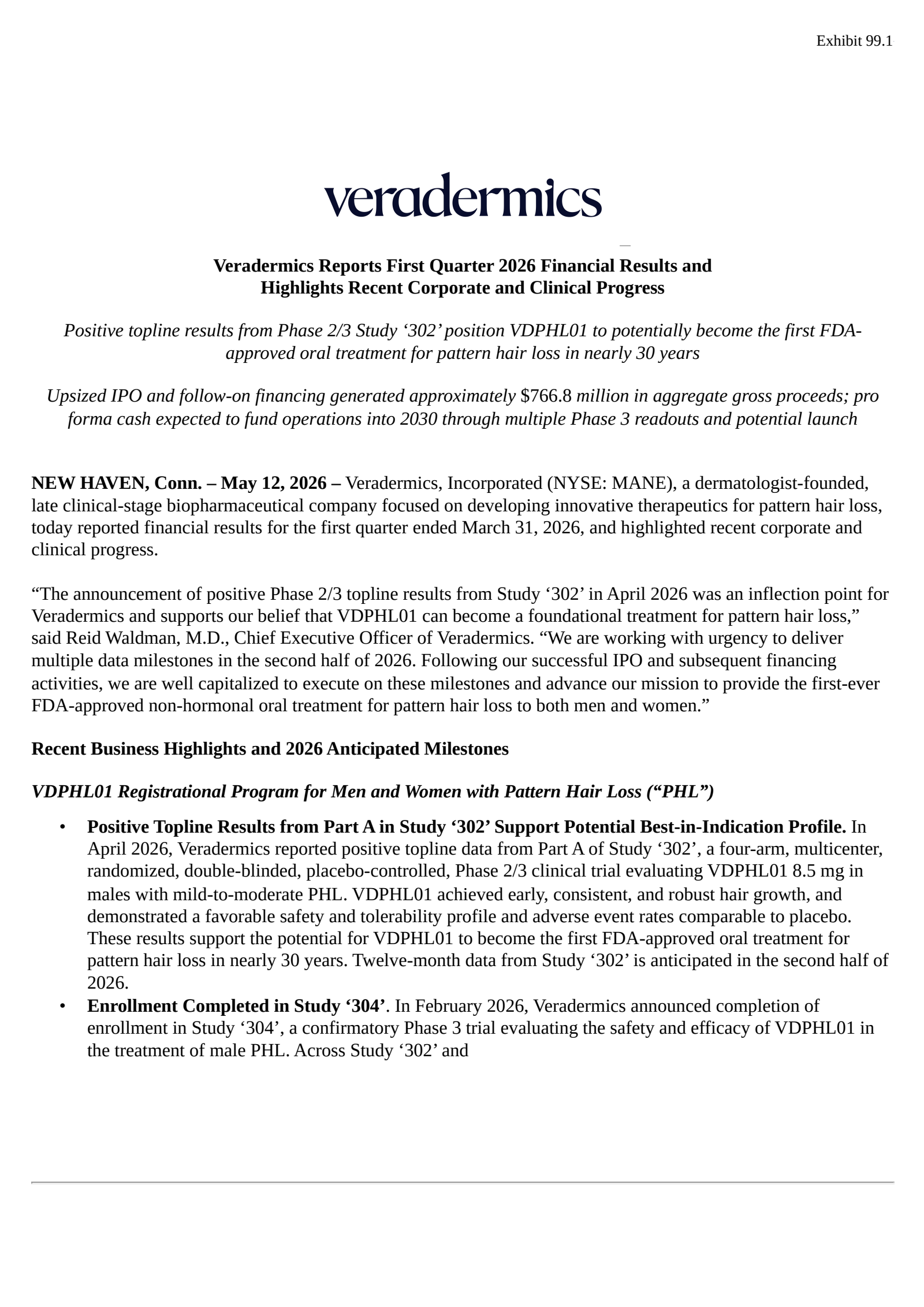 MANE's Q1 2026 Press Release