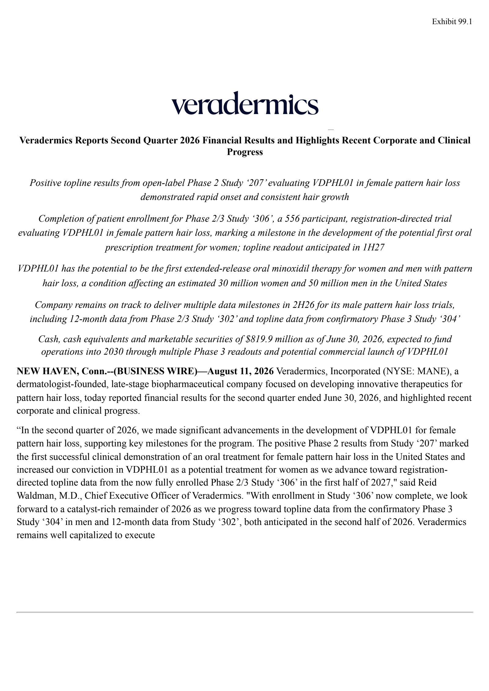 Veradermics' Q2 2026 Press Release