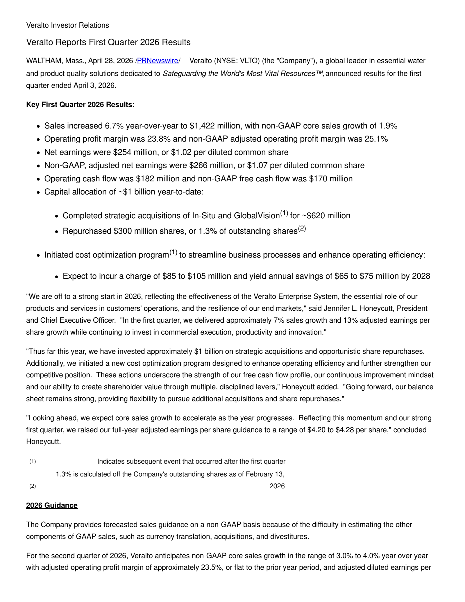 Veralto's Q1 2026 Press Release