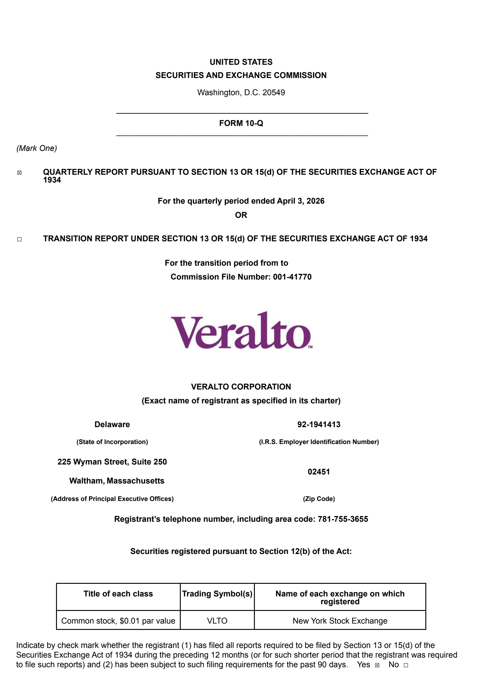 Veralto's Q1 2026 Quarterly report