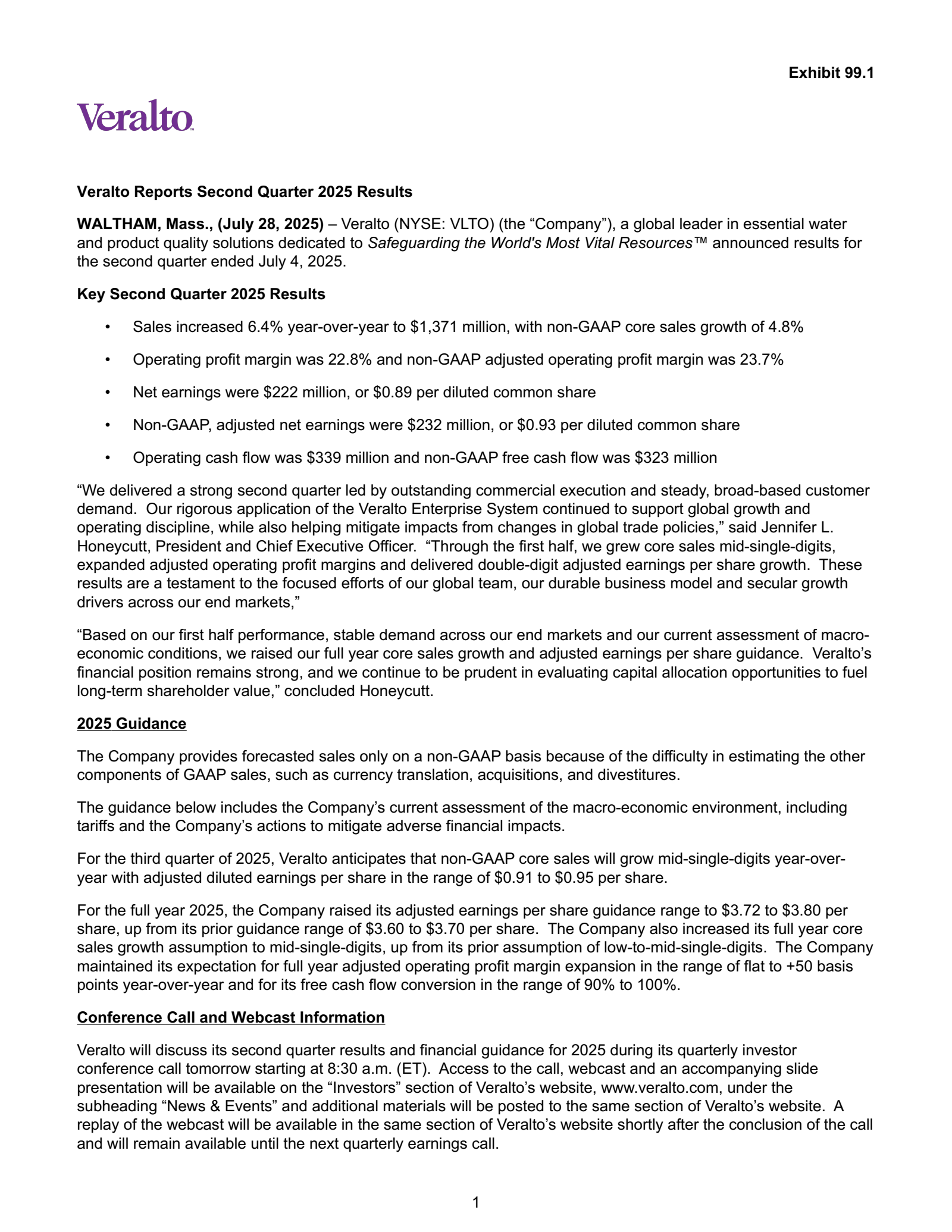 Veralto's Q2 2025 Press Release