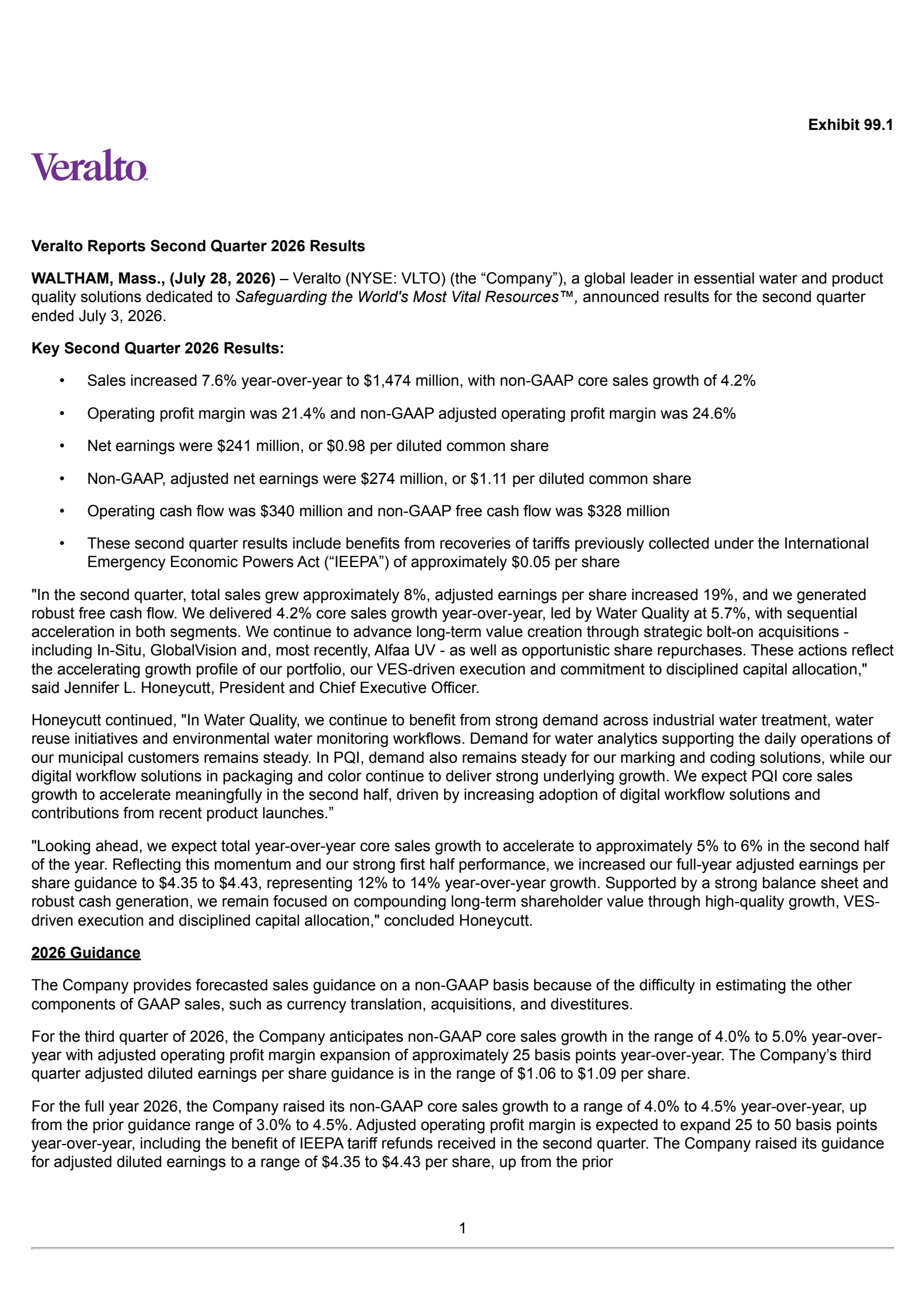 Veralto's Q2 2026 Press Release