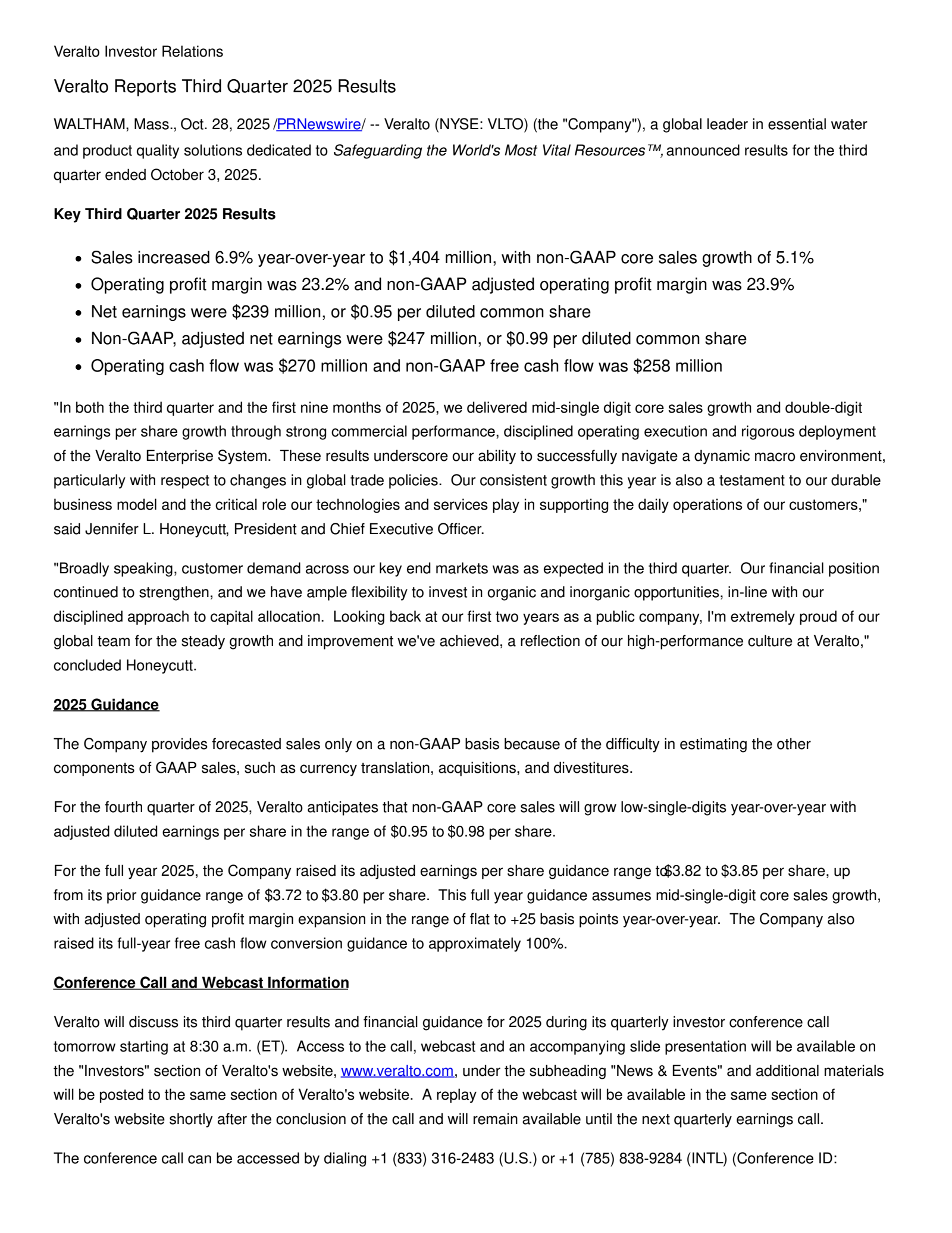 Veralto's Q3 2025 Earnings Release