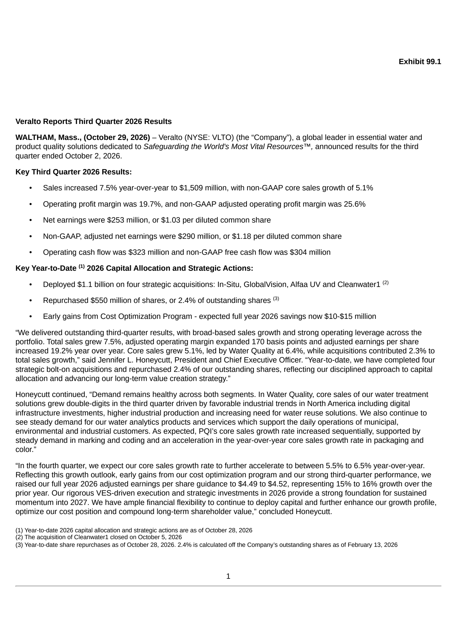 Veralto's Q3 2026 Press Release