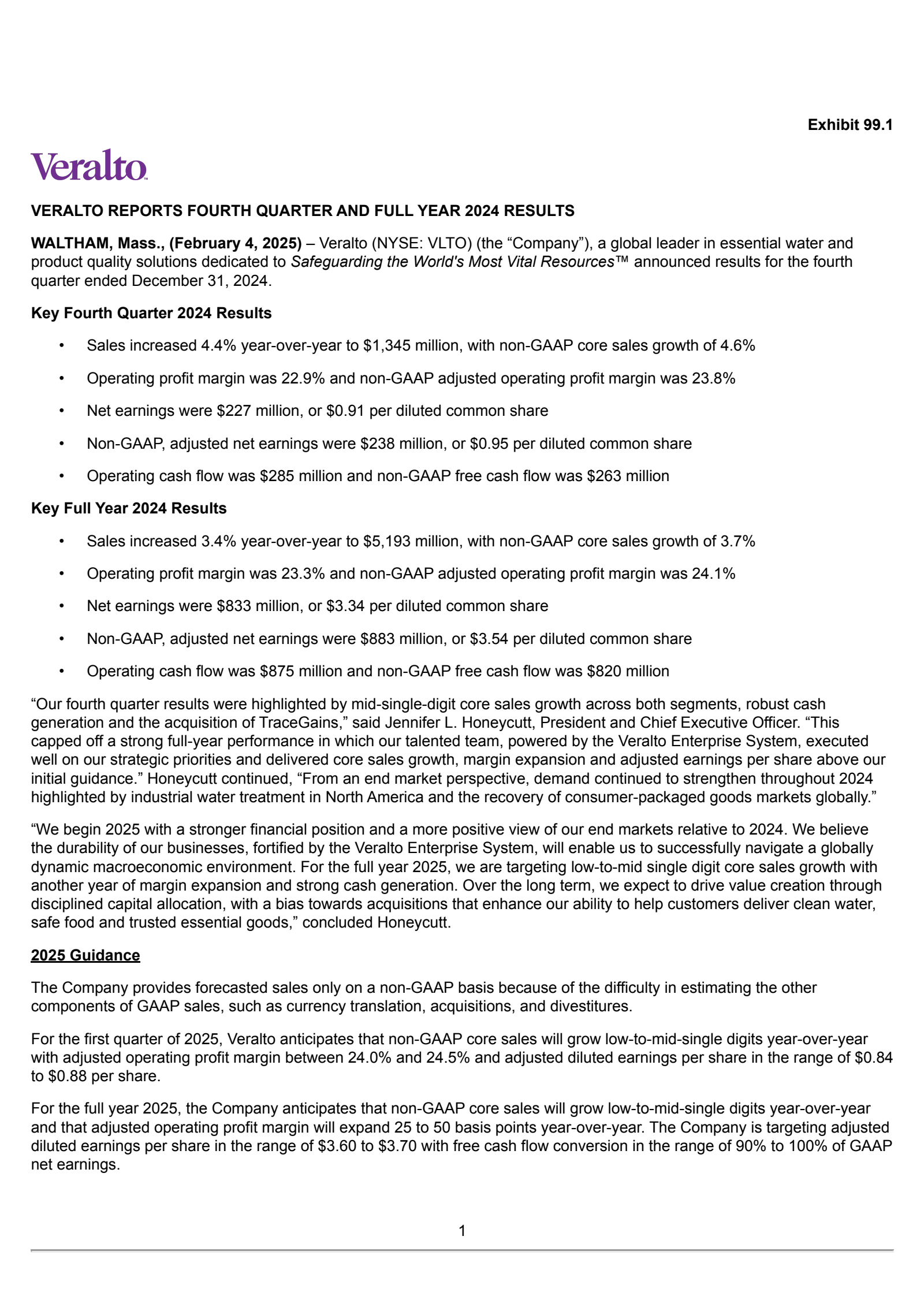 Veralto's Q4 2024 Press Release