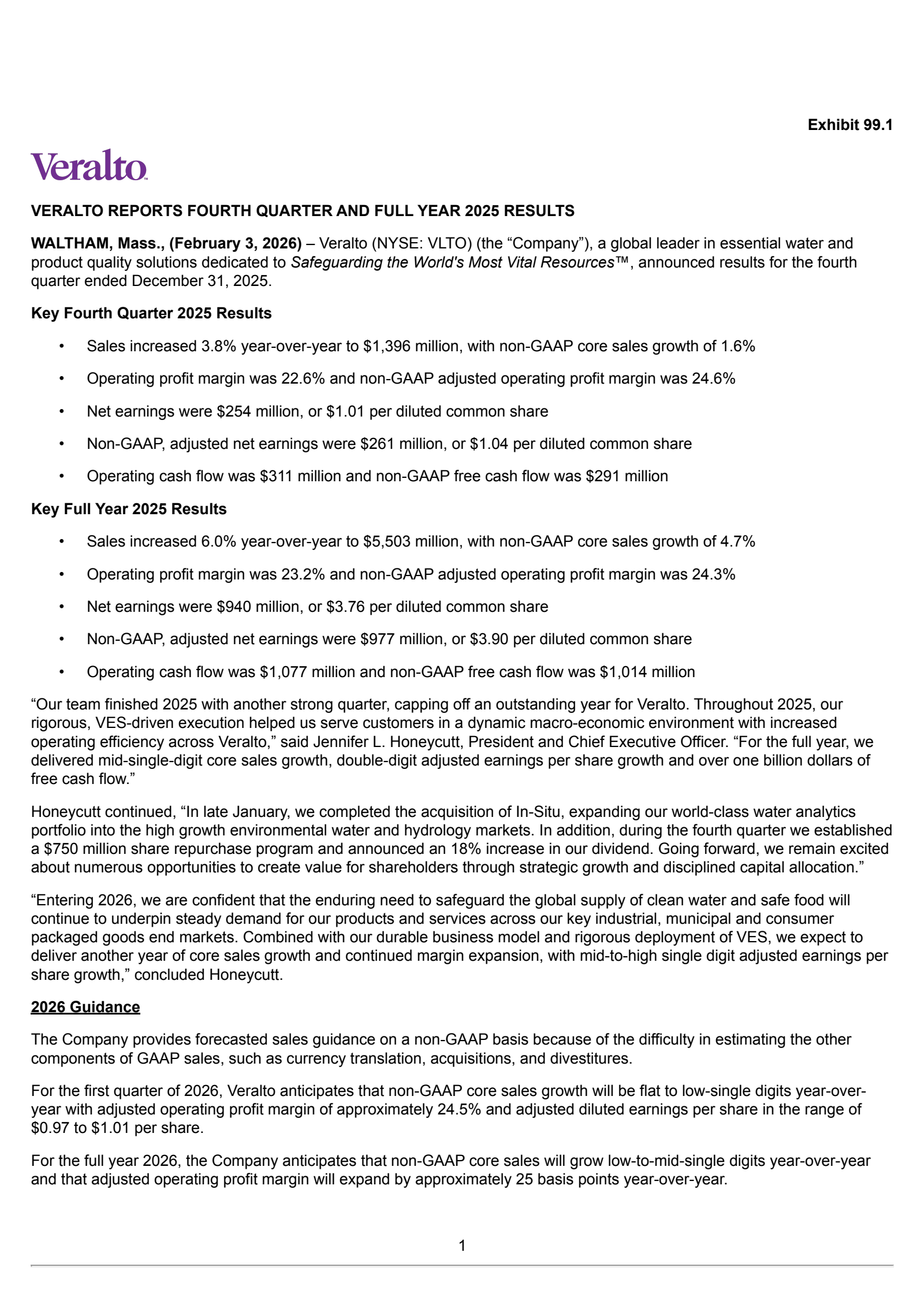 Veralto's Q4 2025 Press Release
