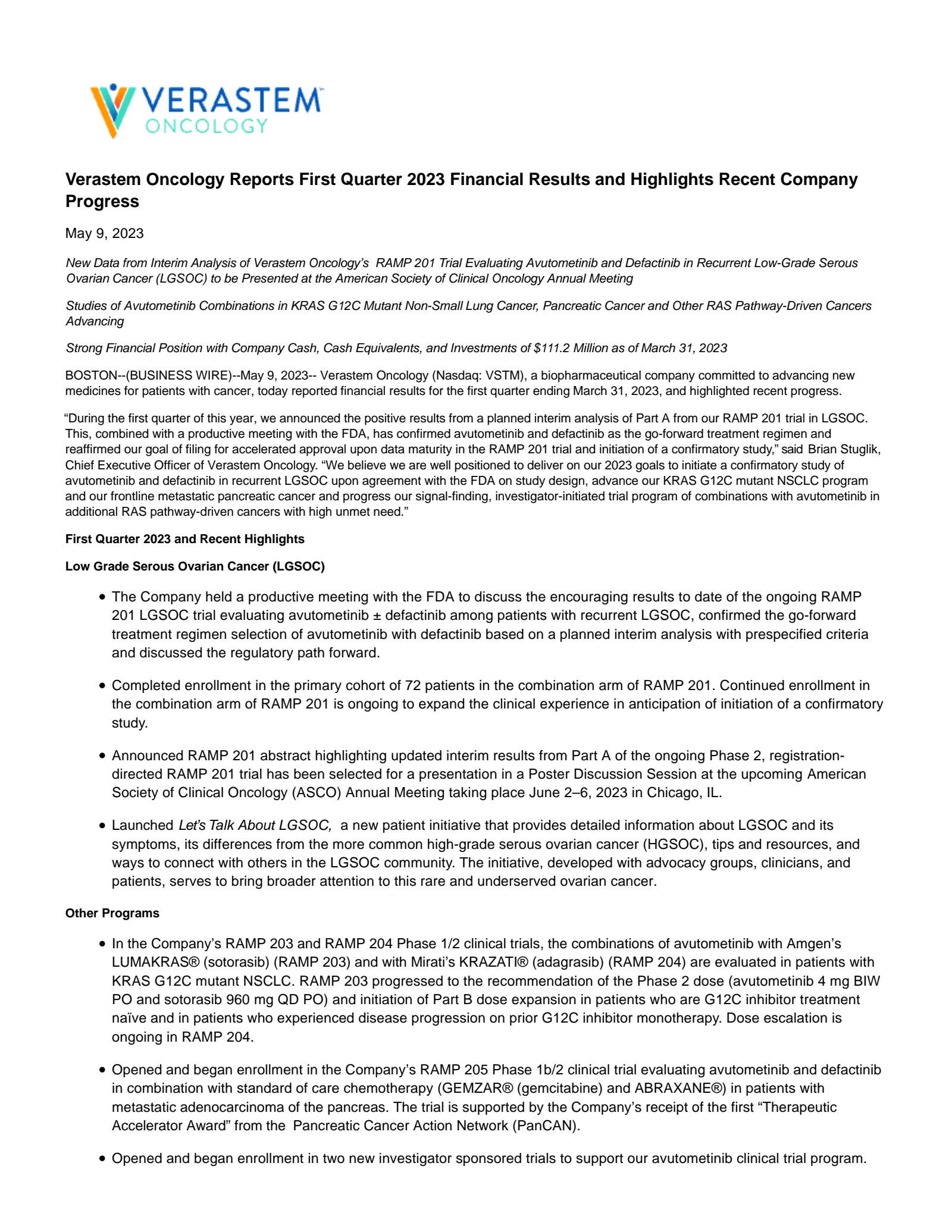 Verastem's Q1 2023 Press Release