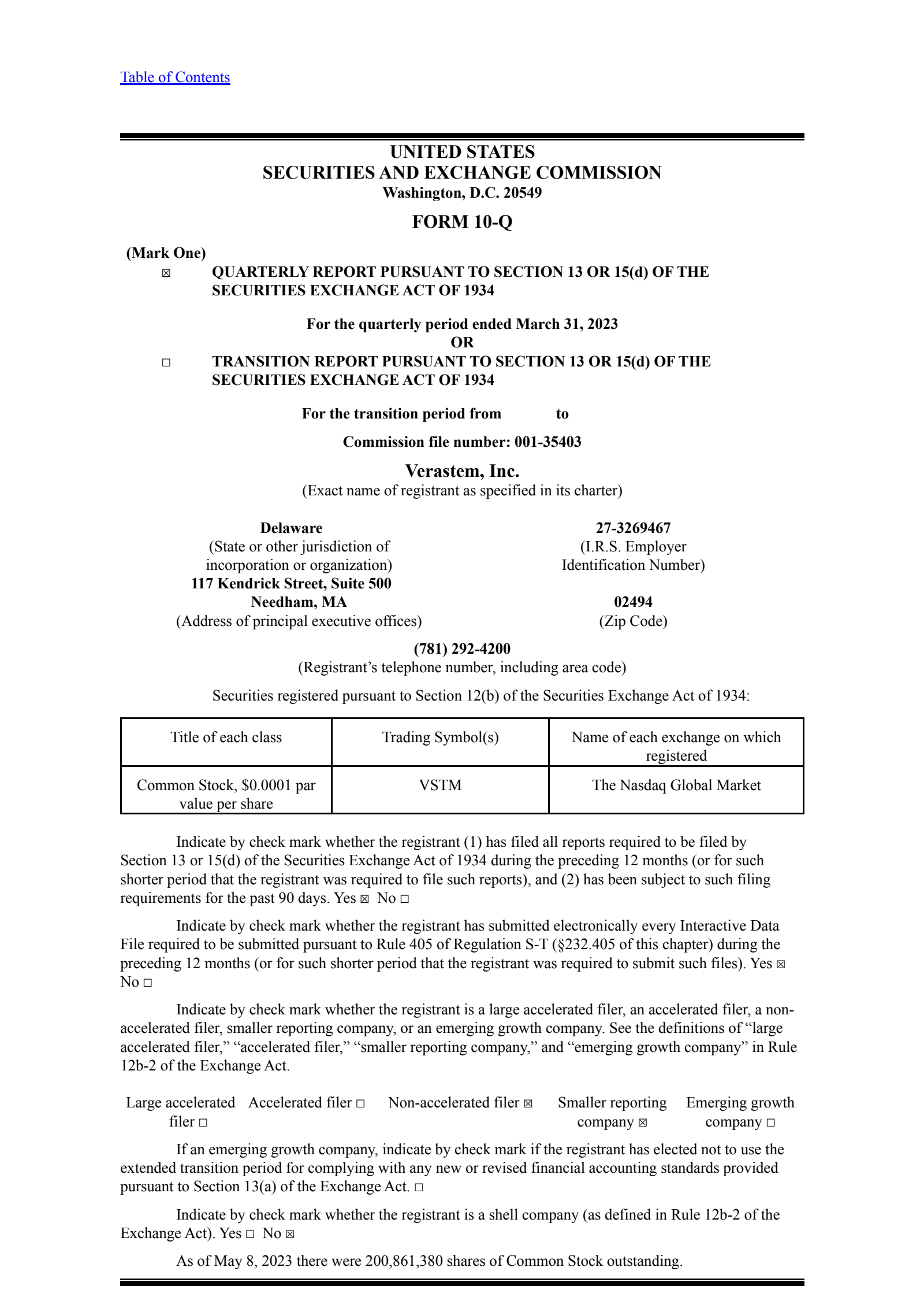 Verastem's Q1 2023 Quarterly report
