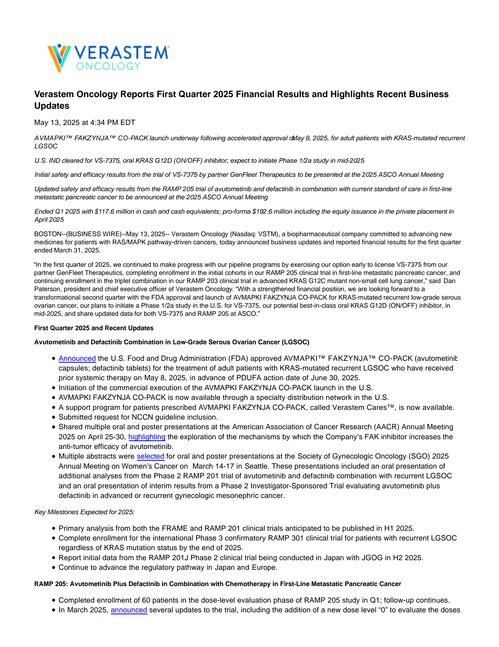Verastem's Q1 2025 Earnings Release