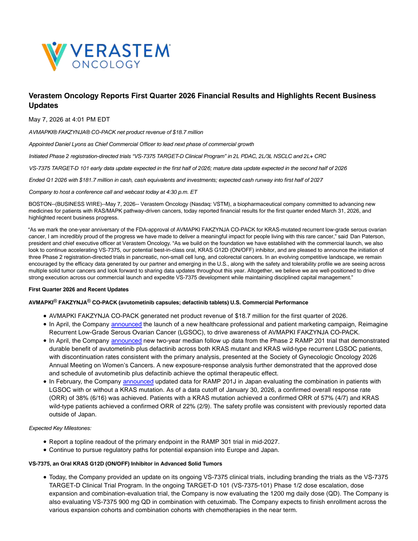 Verastem's Q1 2026 Press Release