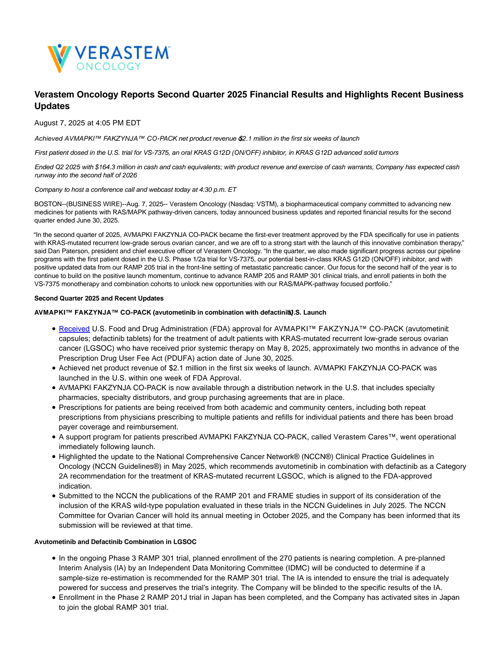 Verastem's Q2 2025 Press Release